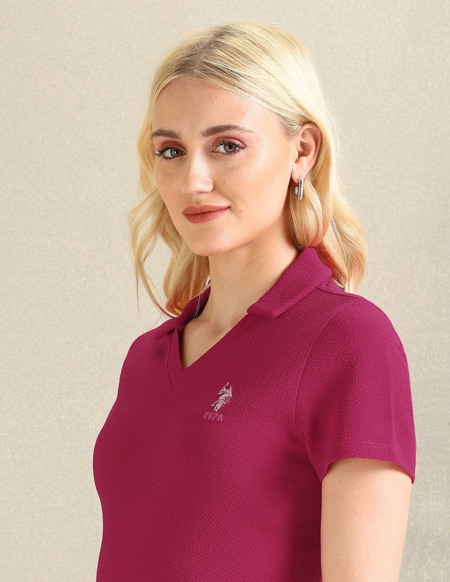 Ribbed Collar Textured Polo Shirt Dark Pink - U.S. POLO ASSN. | Large