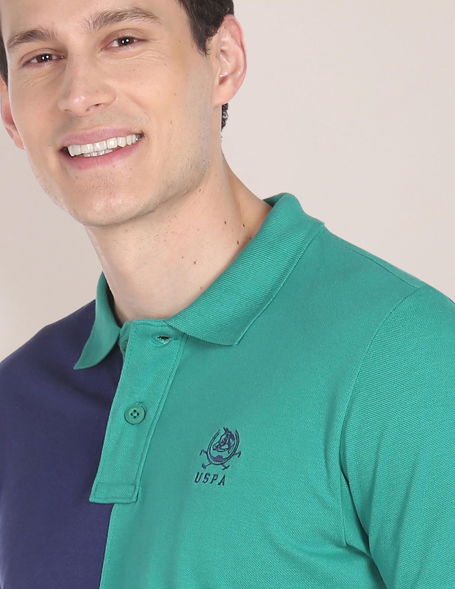 Colour Block Cotton Polo Shirt Green and Dark Blue - U.S. Polo Assn. India | Large