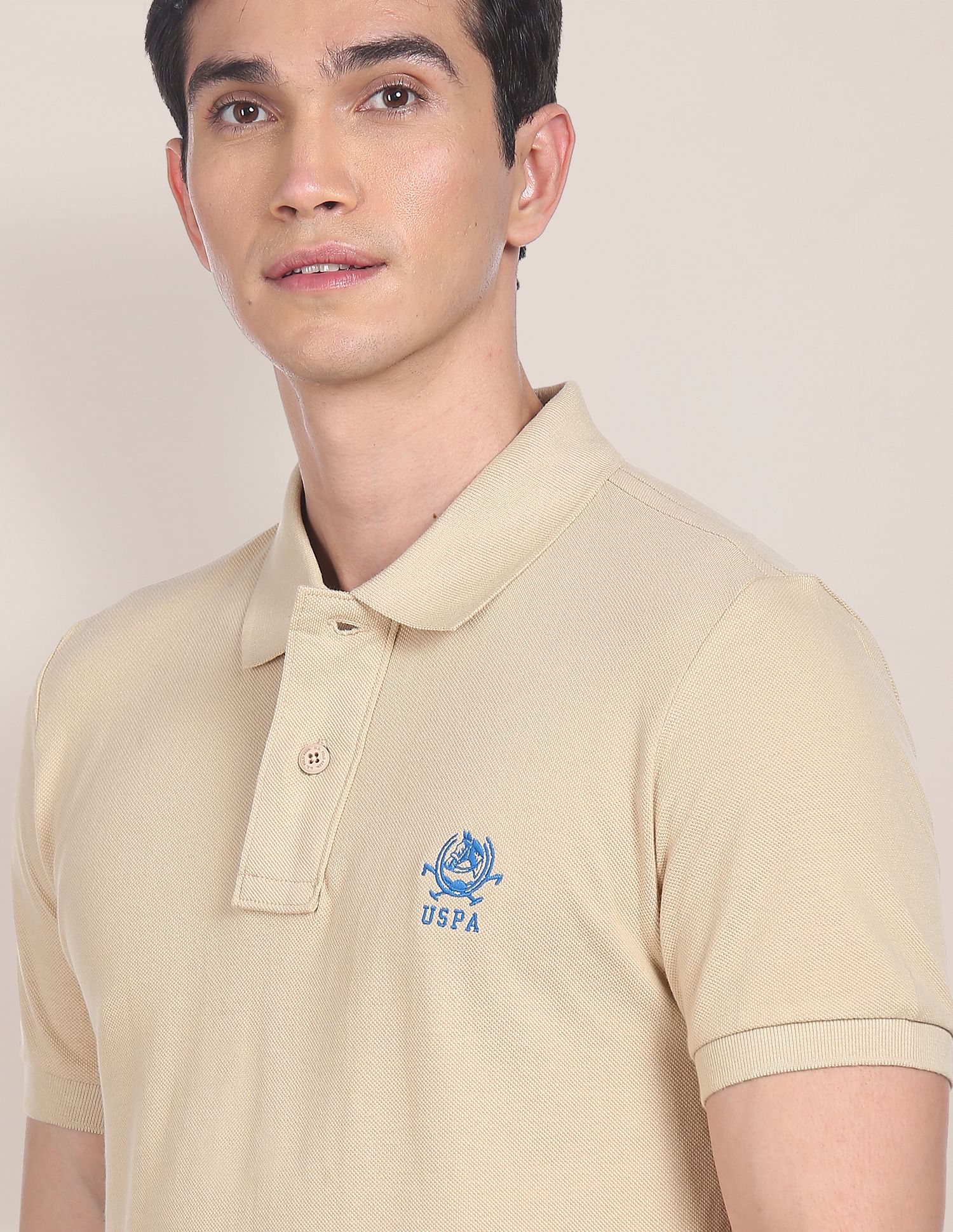 Pure Cotton Solid Pique Polo Shirt Beige - U.S. Polo Assn. India | Large