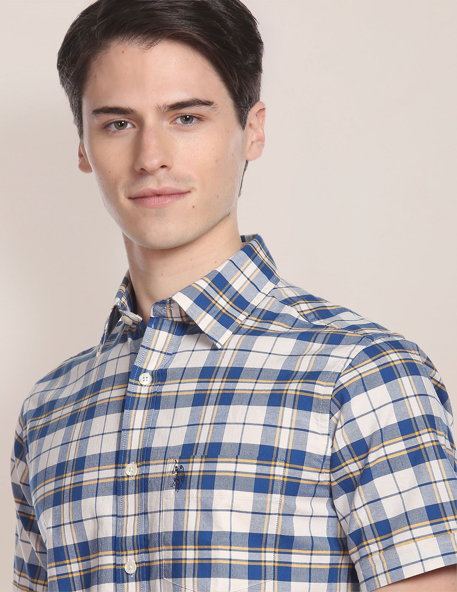 Oxford Check Cotton Casual Shirt Ivory and Navy - U.S. Polo Assn. India | Large