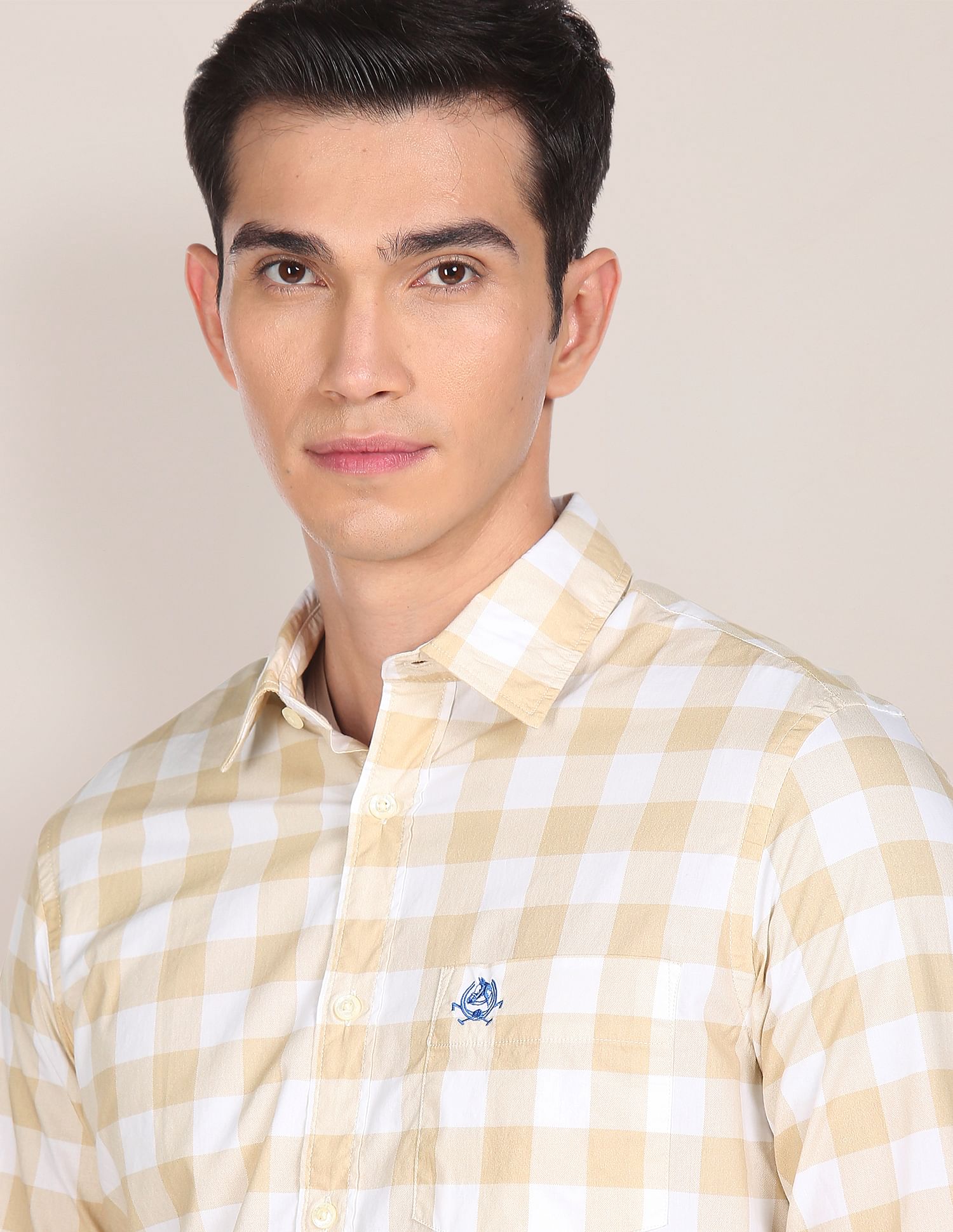 Men Beige And White Premium Cotton Check Casual Shirt Beige and White - U.S. POLO ASSN. | Large