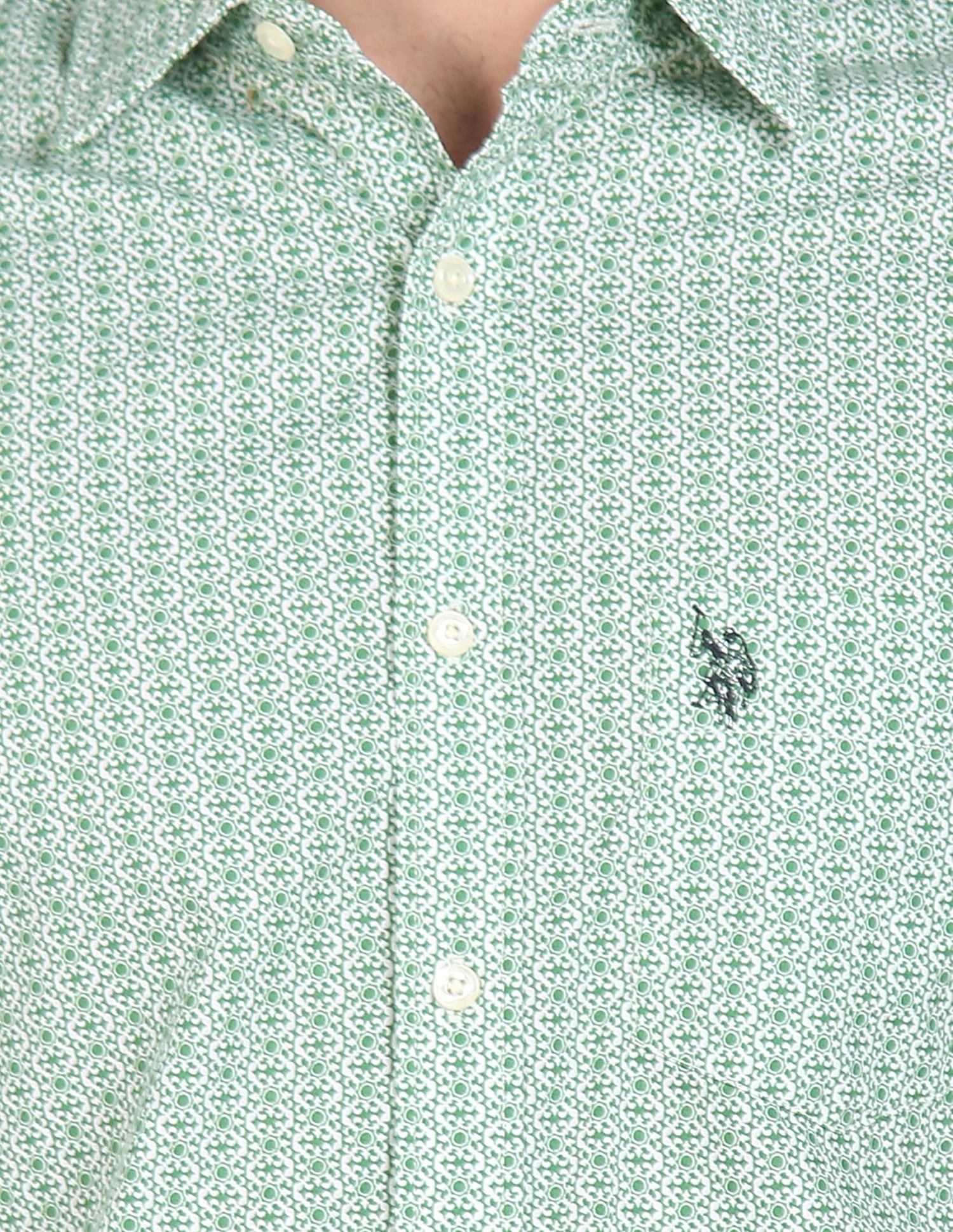 Men Green Spread Collar Printed Casual Shirt Green - U.S. POLO ASSN. | Large