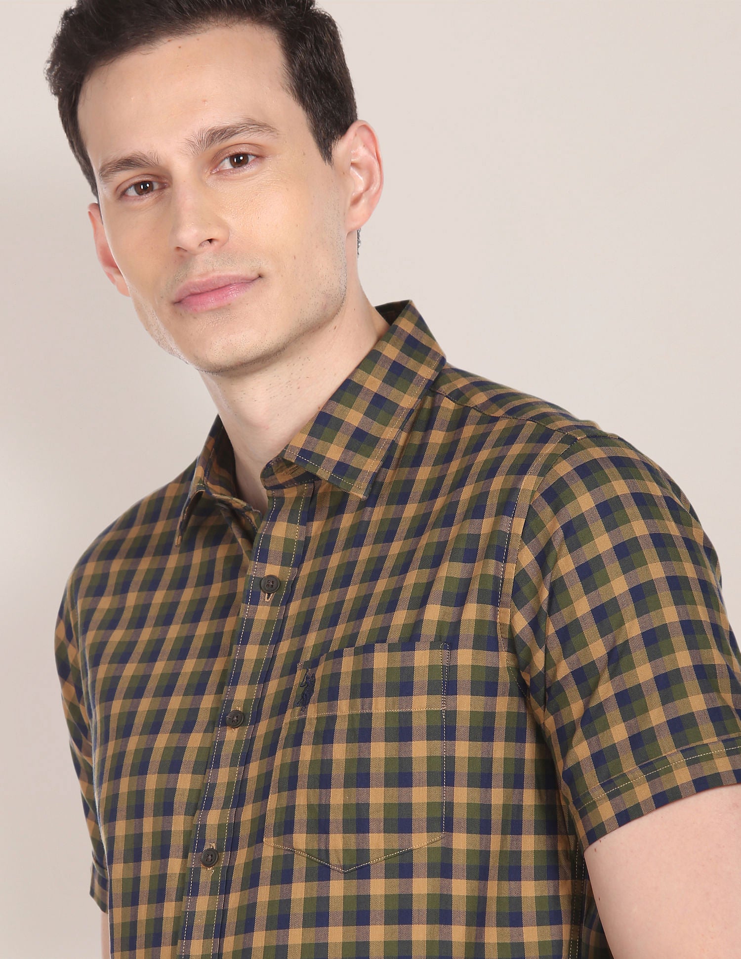 Cutaway Collar Cotton Casual Shirt Green, Brown and Blue - U.S. Polo Assn. India | Large