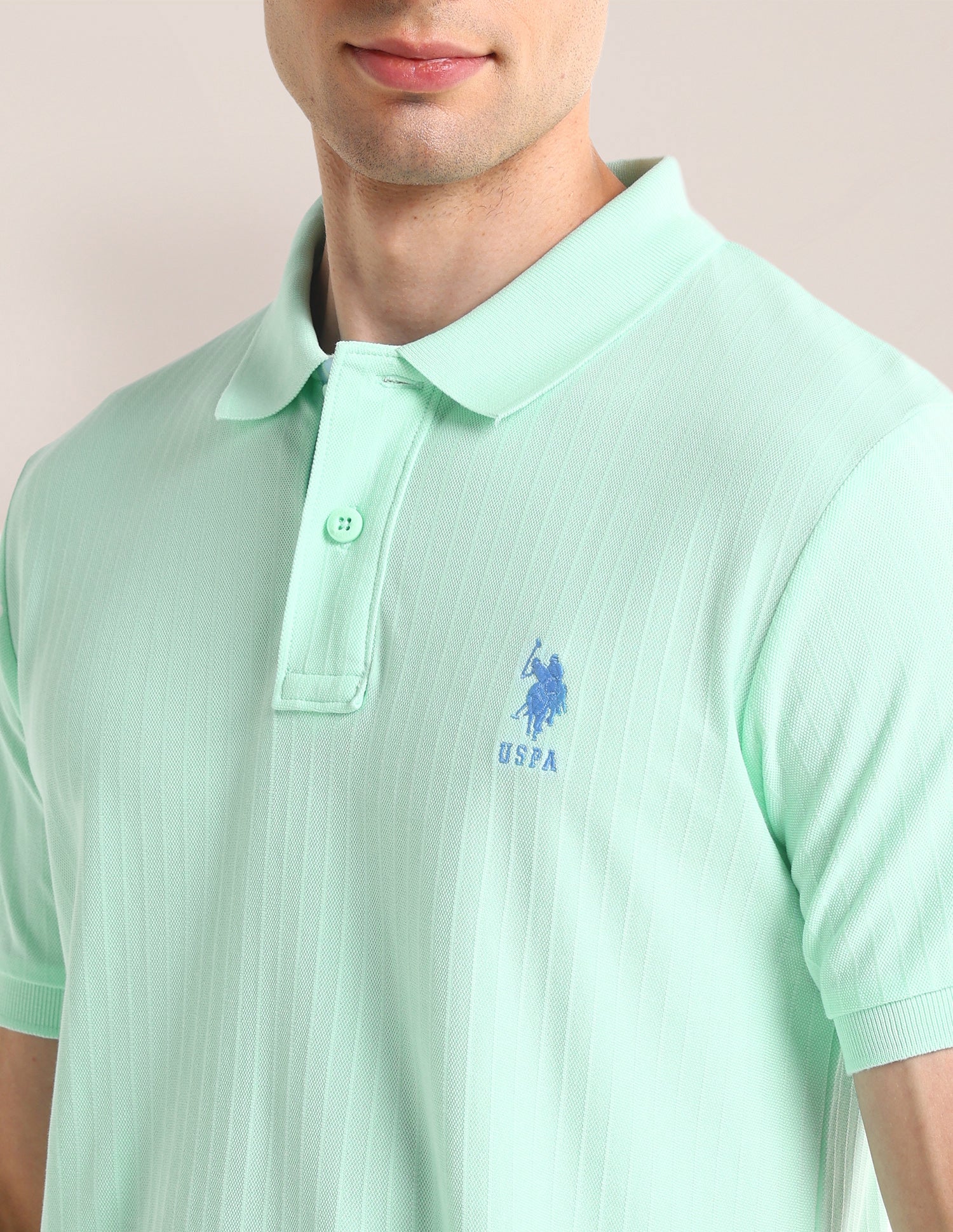 Textured Slim Cotton Polo Shirt Light Green - U.S. Polo Assn. India | Large