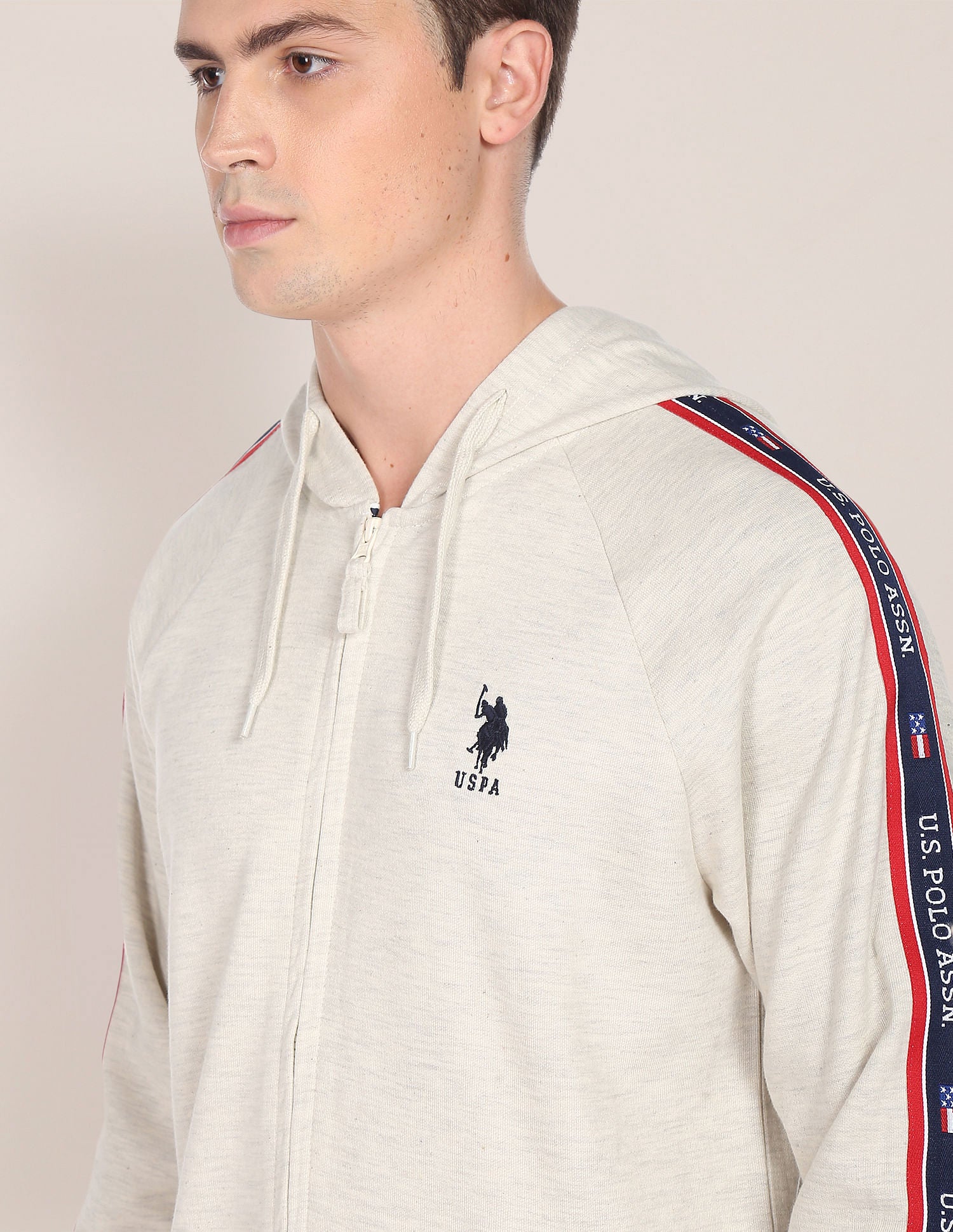 Hooded Zip Up Heathered Sweatshirt Ecru - U.S. POLO ASSN. | Large