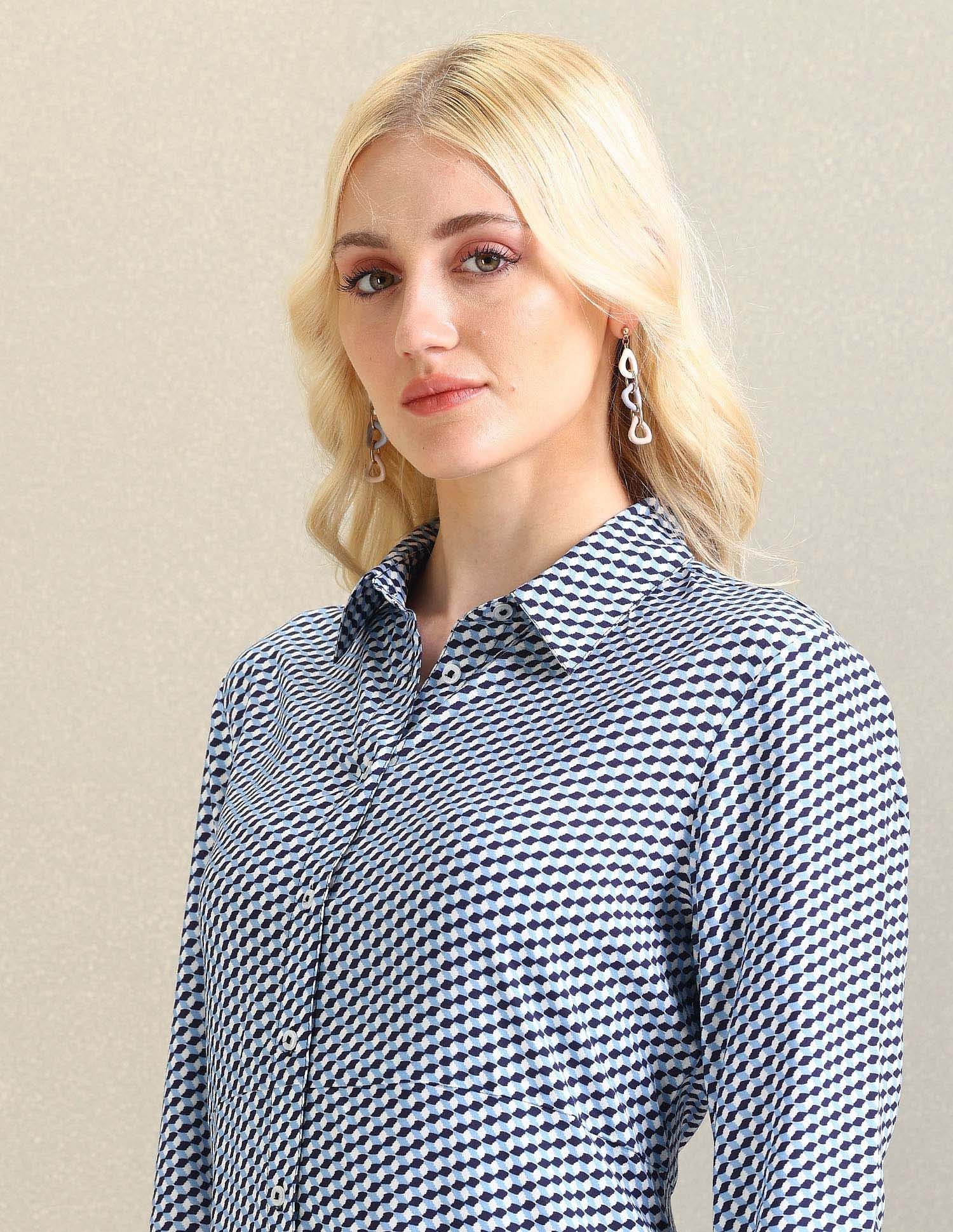 Geometric Print Viscose Shirt Dress Blue - U.S. Polo Assn. India | Large