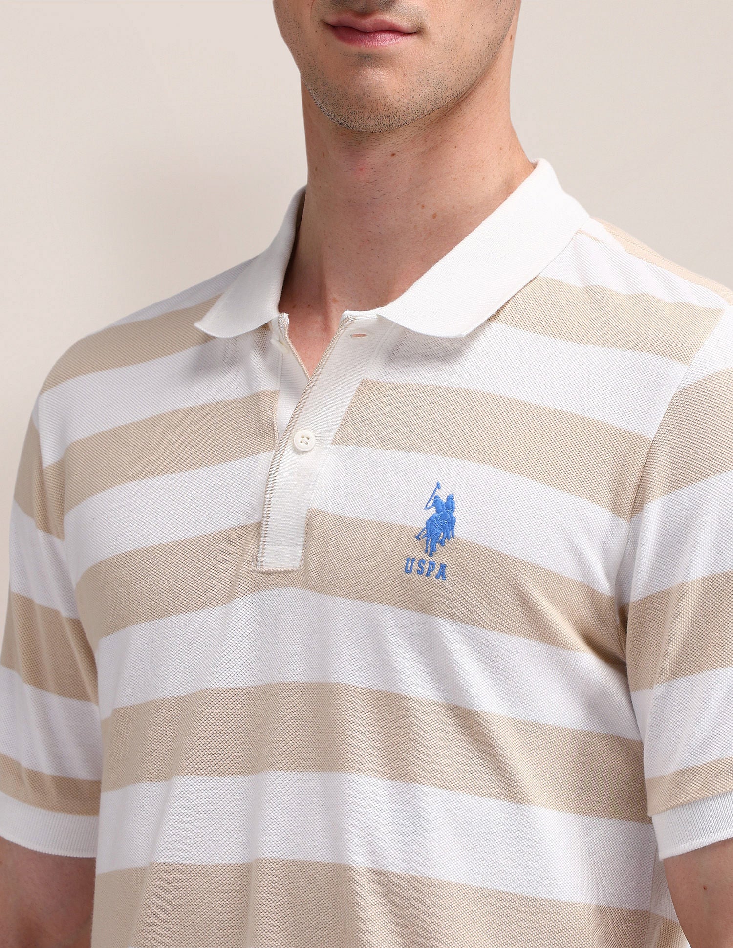 Slim Fit Horizontal Striped Polo Shirt Beige - U.S. Polo Assn. India | Large