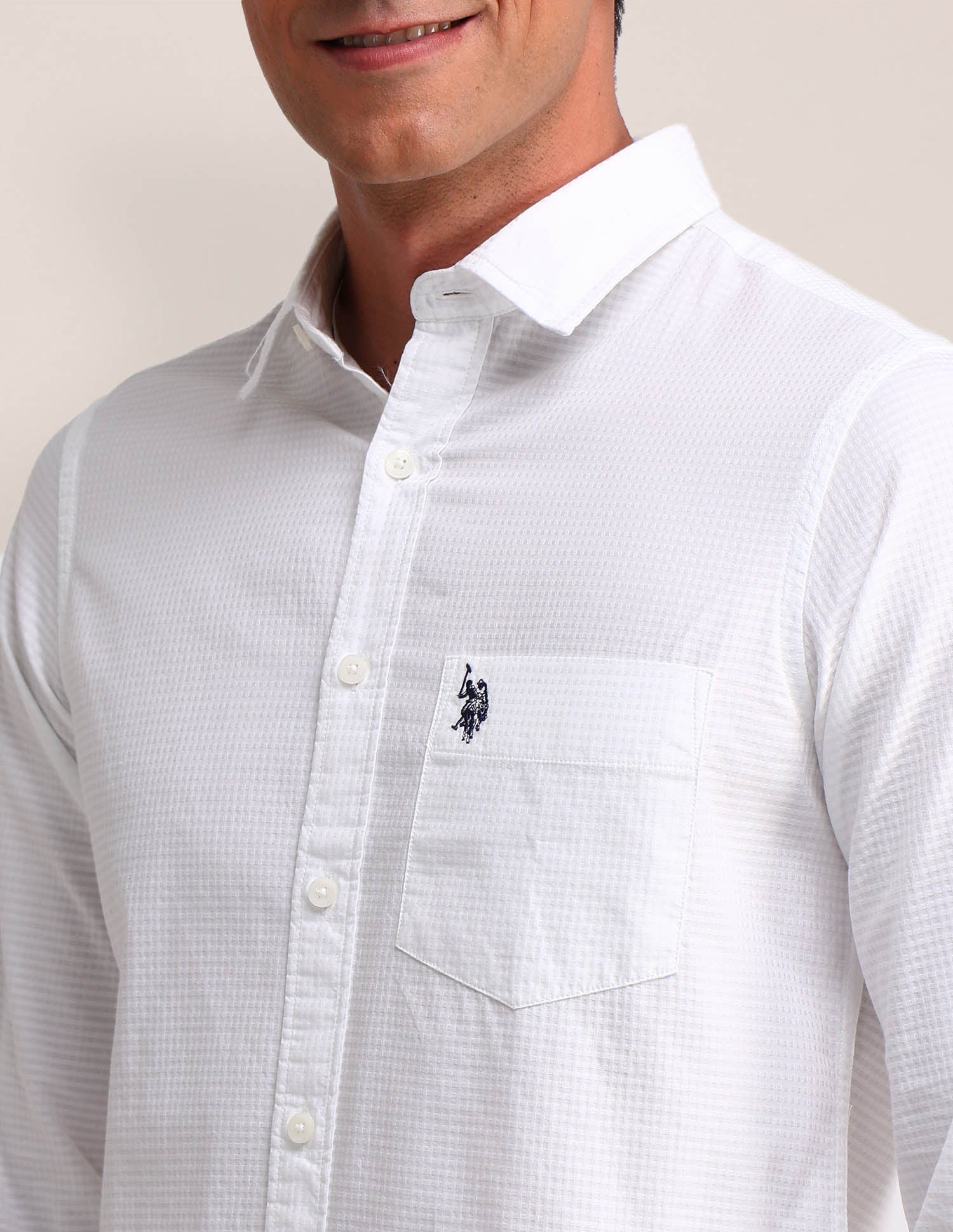 Solid Pattern Dobby Shirt White - U.S. Polo Assn. India | Large