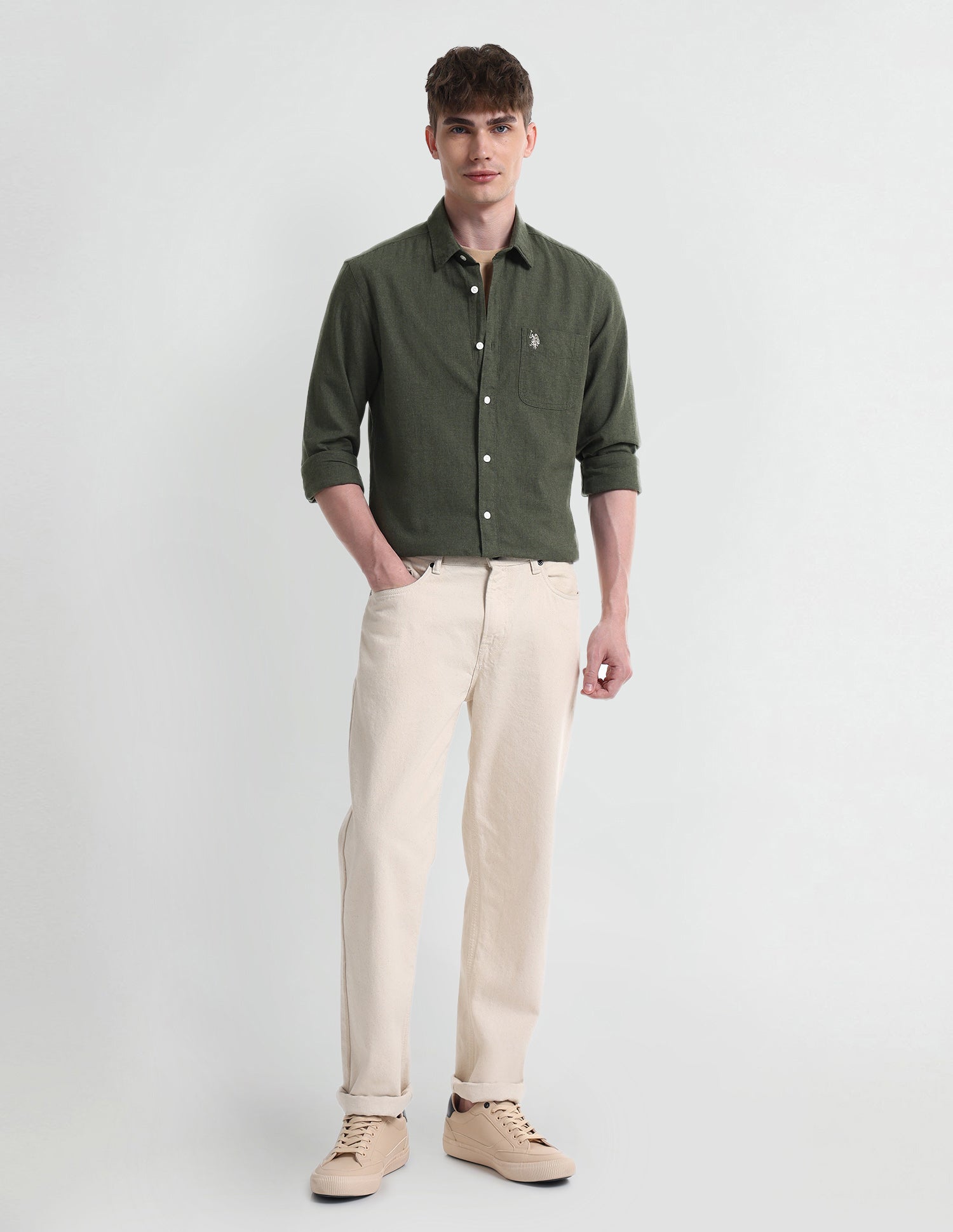 Solid Slim Fit Shirt Olive - U.S. Polo Assn. India | Large