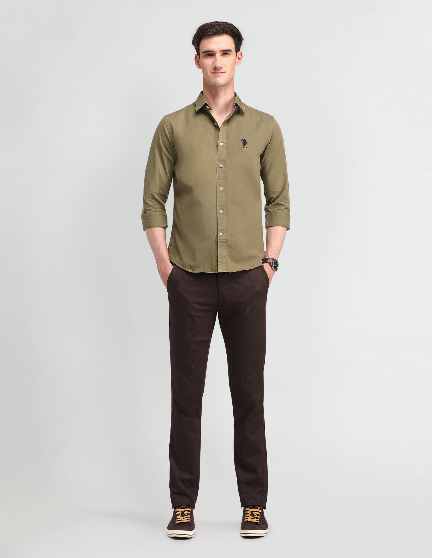 Slim Fit Cotton Shirt Dark Green - U.S. POLO ASSN. | Large