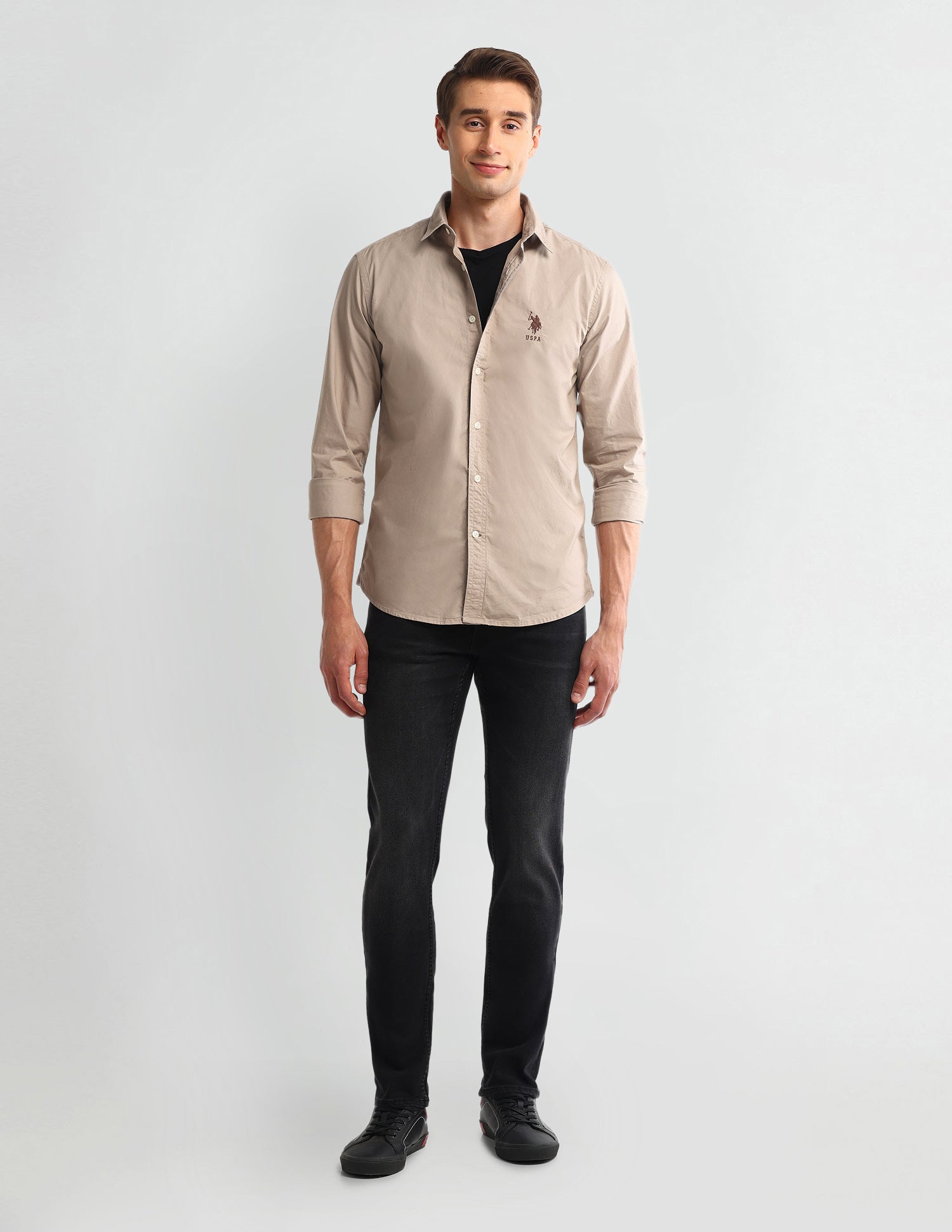 Solid Slim Fit Shirt Beige - U.S. Polo Assn. India | Large