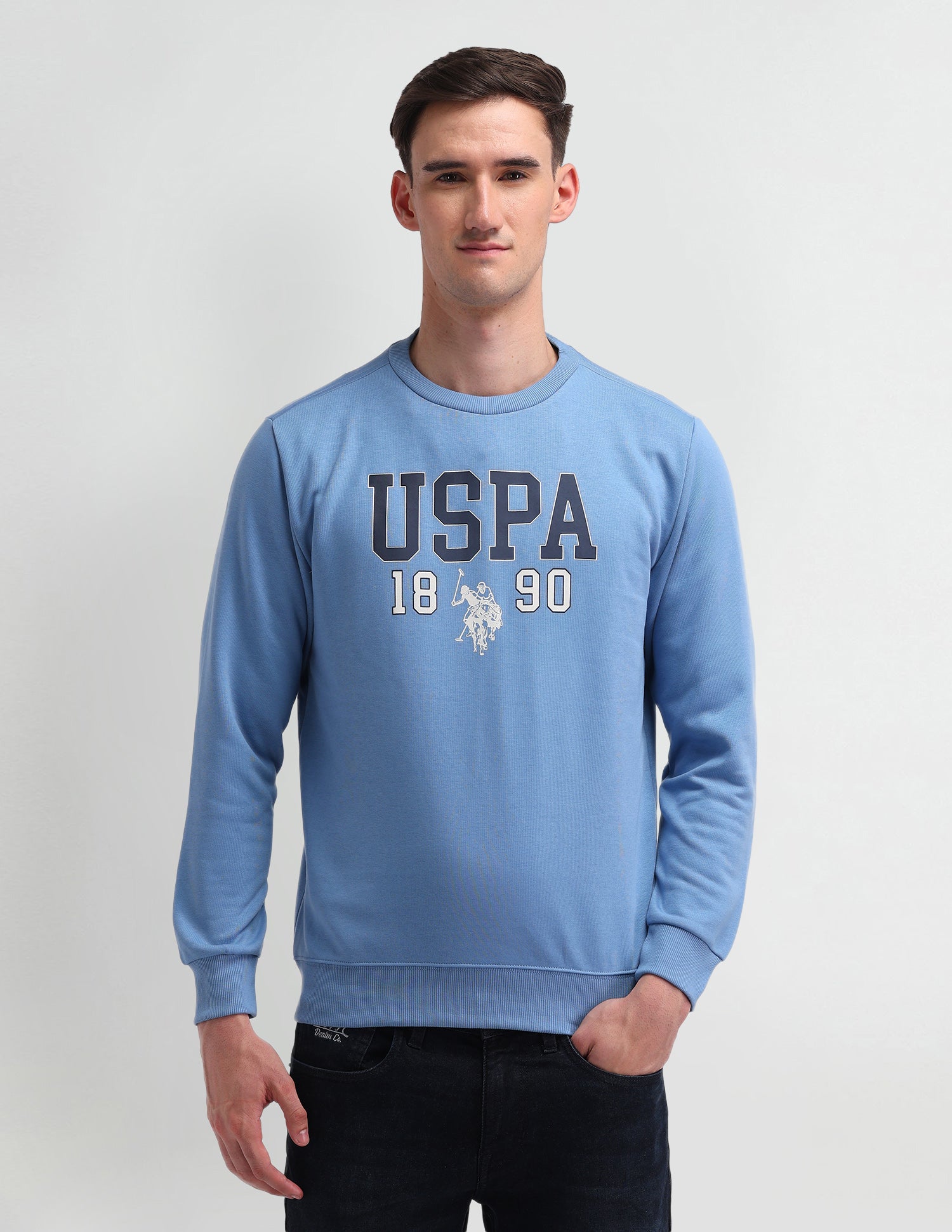 Crew Neck Brand Printed Sweatshirt Blue - U.S. Polo Assn. India | Large
