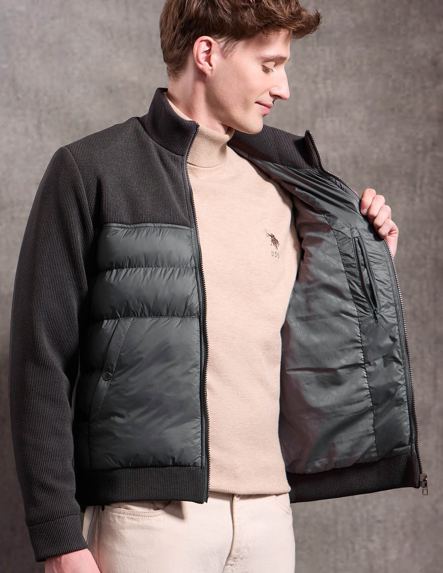 Black & Gold Puffer Jacket Regular Fit Jacket Dark Grey - U.S. Polo Assn. India | Large