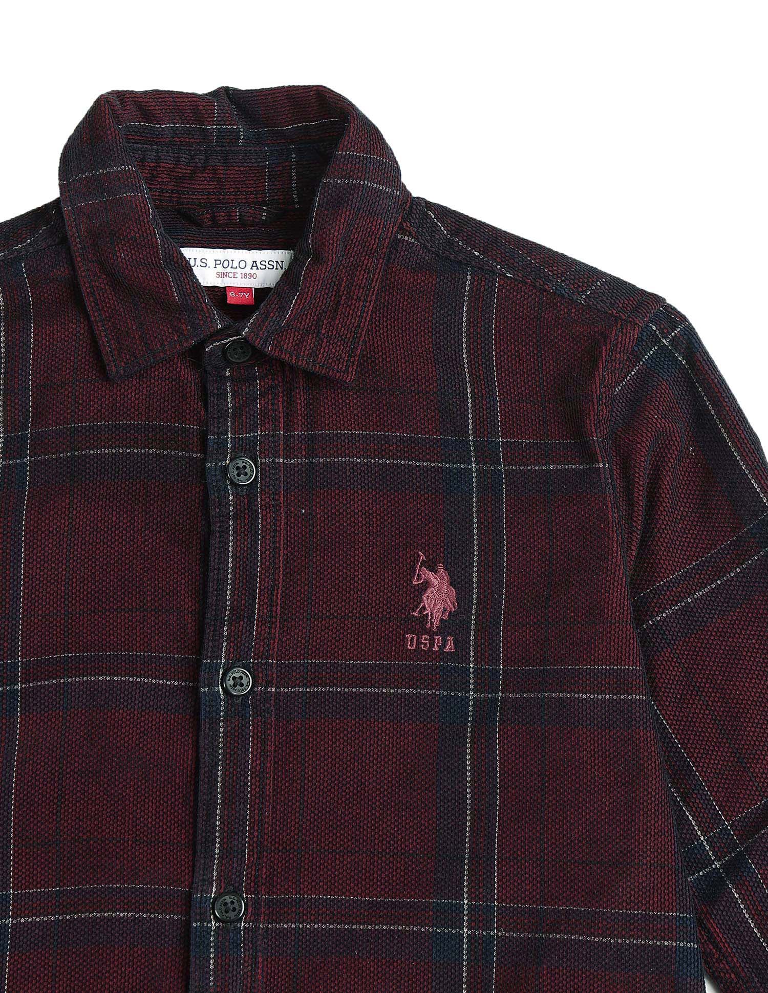 Boys Grid Tattersall Checked Corduroy Shirt Dark Maroon - U.S. POLO ASSN. | Large