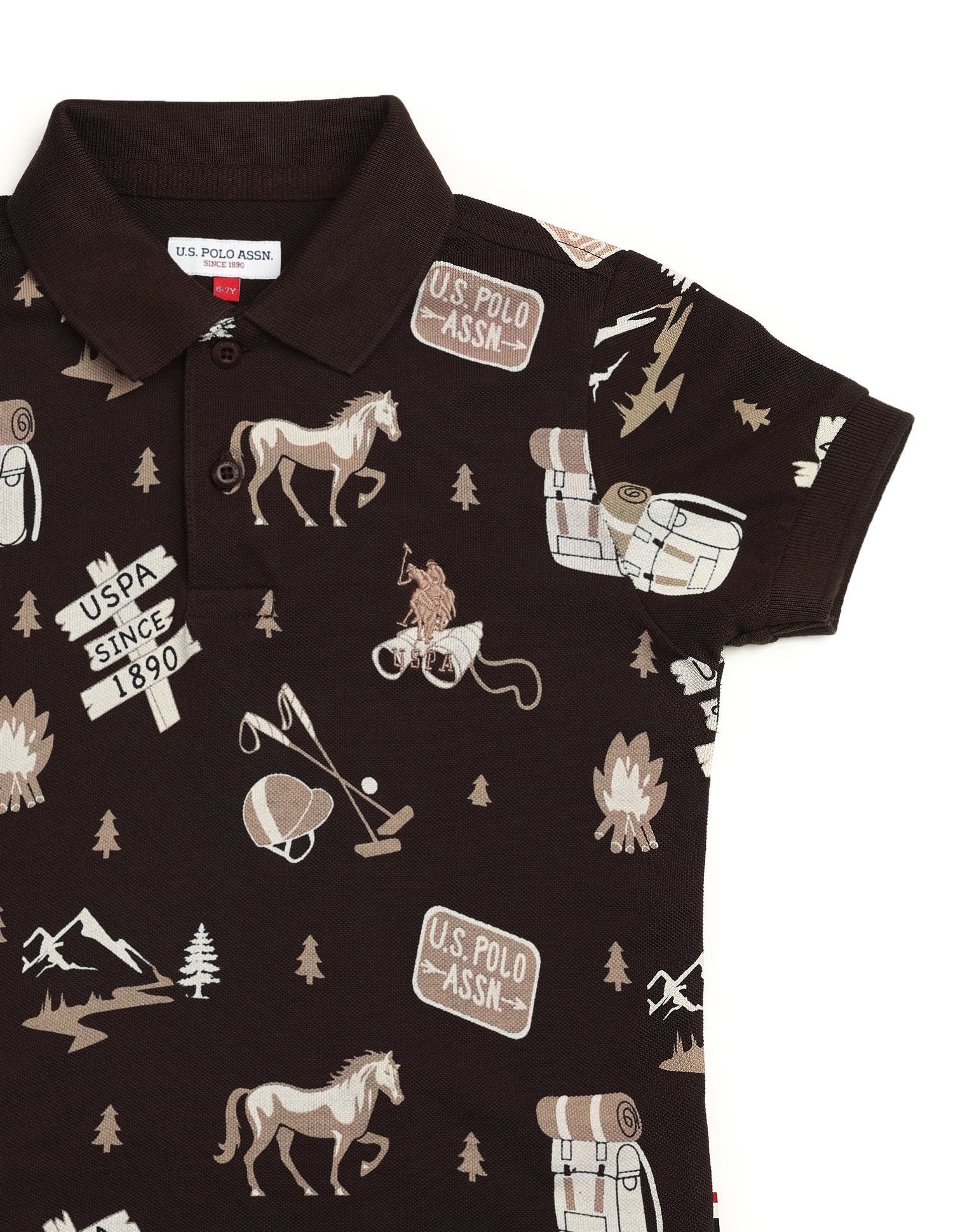 Boys All Over Printed Pure Cotton Polo Shirt Dark Brown - U.S. POLO ASSN. | Large