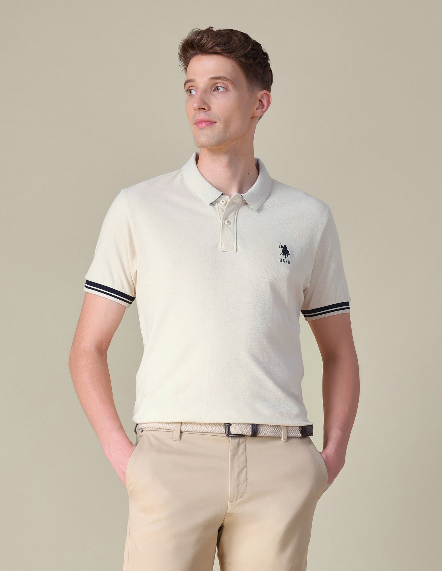 Solid Regular Fit Polo Shirt Beige - U.S. POLO ASSN. | Large