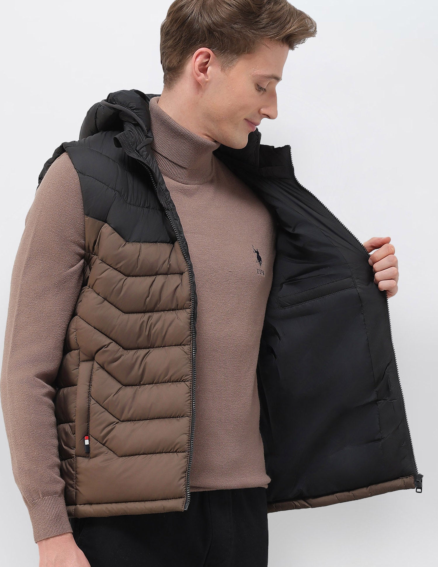 Colour Blocked Removable Hood Puffer Jacket Dark Brown - U.S. POLO ASSN. | Large