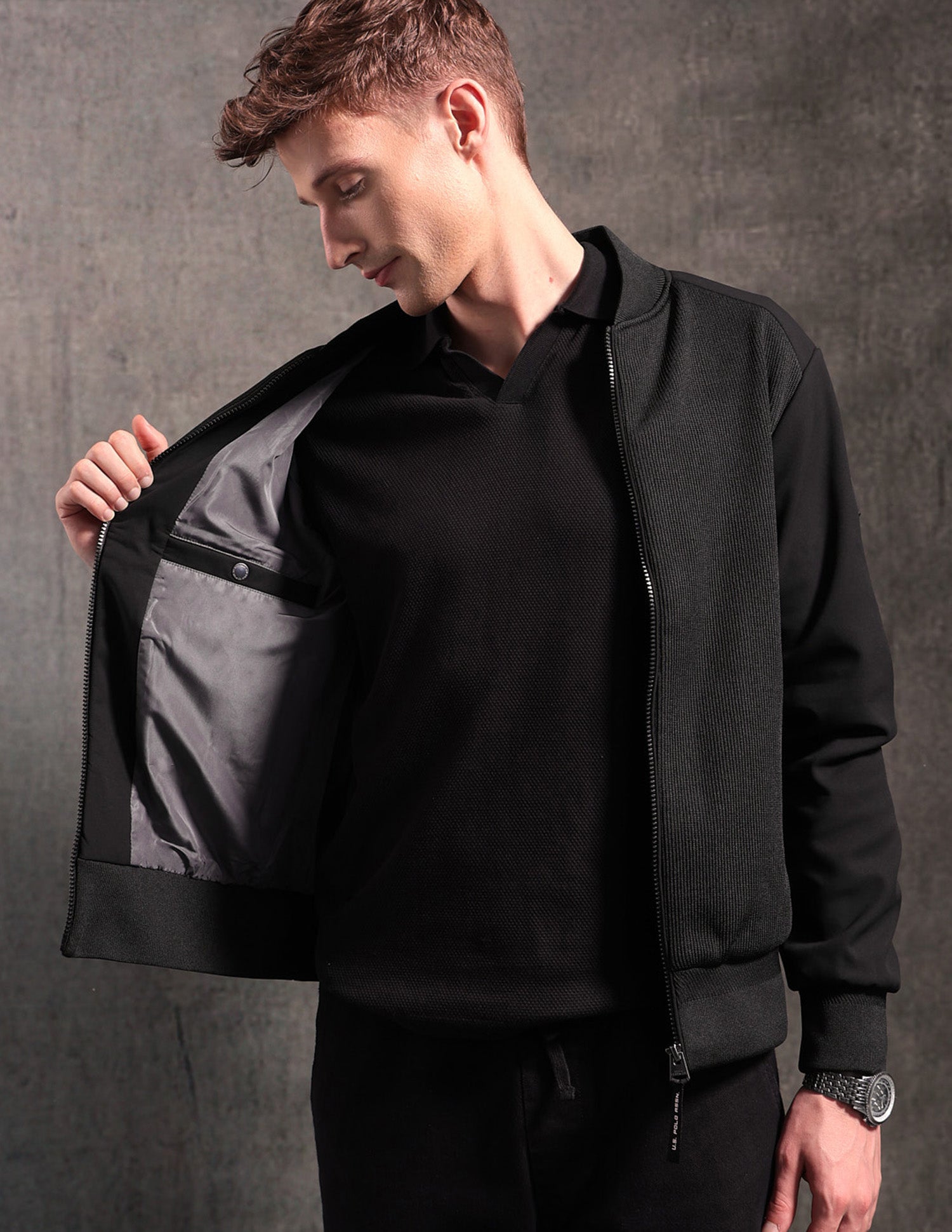 Textured Black & Gold Bomber Jacket Black - U.S. POLO ASSN. | Large