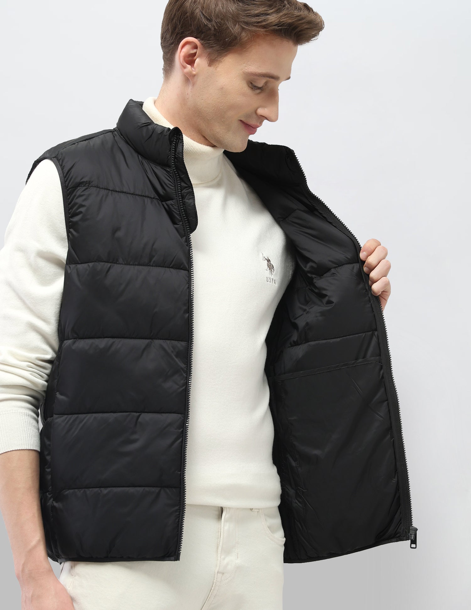 Solid Regular Fit Puffer Sleeveless Jacket Black - U.S. Polo Assn. India | Large