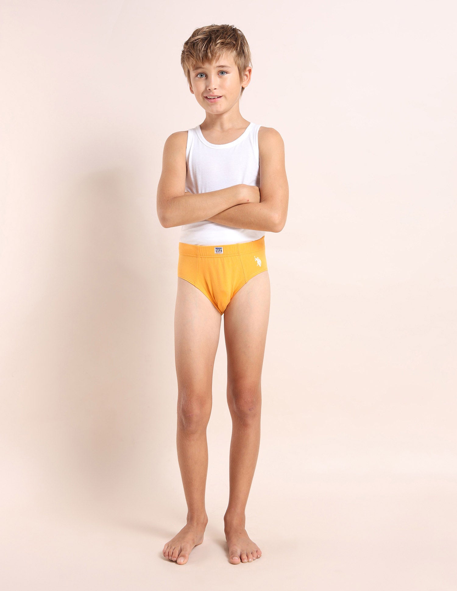 Boys Cotton Spandex Solid Briefs - Pack Of 3 Orange, Purple and Yellow - U.S. POLO ASSN. | Large