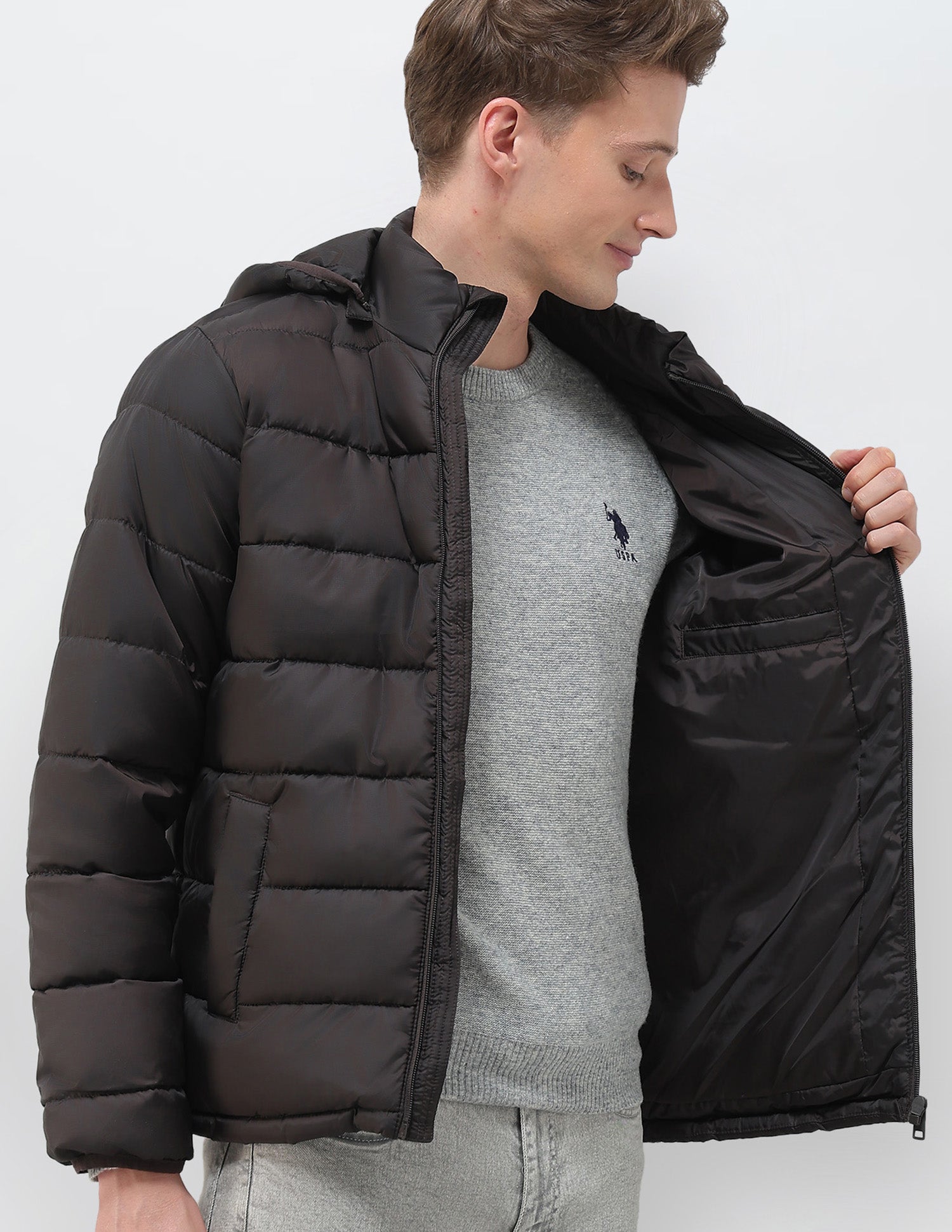 Removable Hood Solid Puffer Jacket Dark Brown - U.S. Polo Assn. India | Large