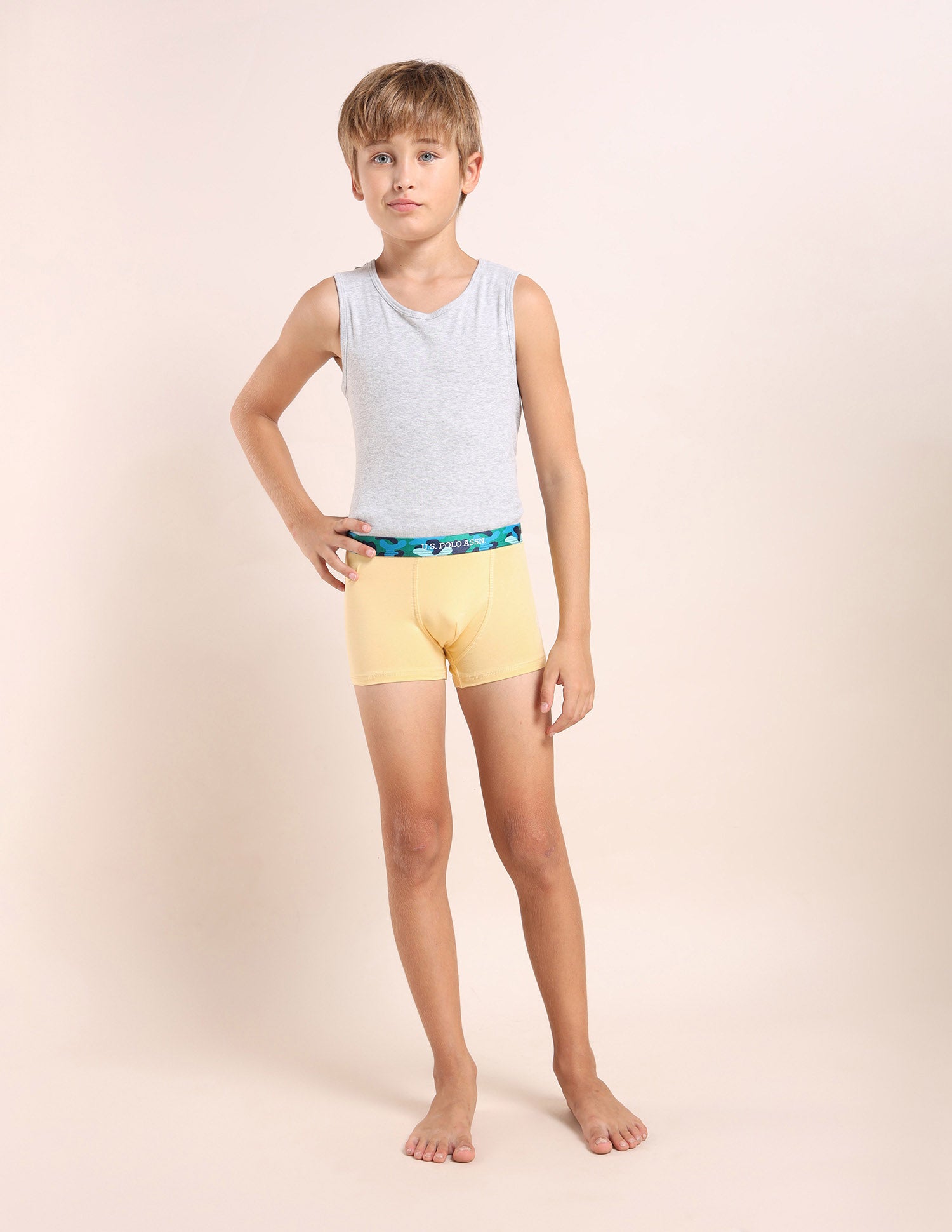 Boys Mid Rise Cotton Spandex Trunks - Pack Of 5 Grey, White, Green, Yellow and Green - U.S. POLO ASSN. | Large