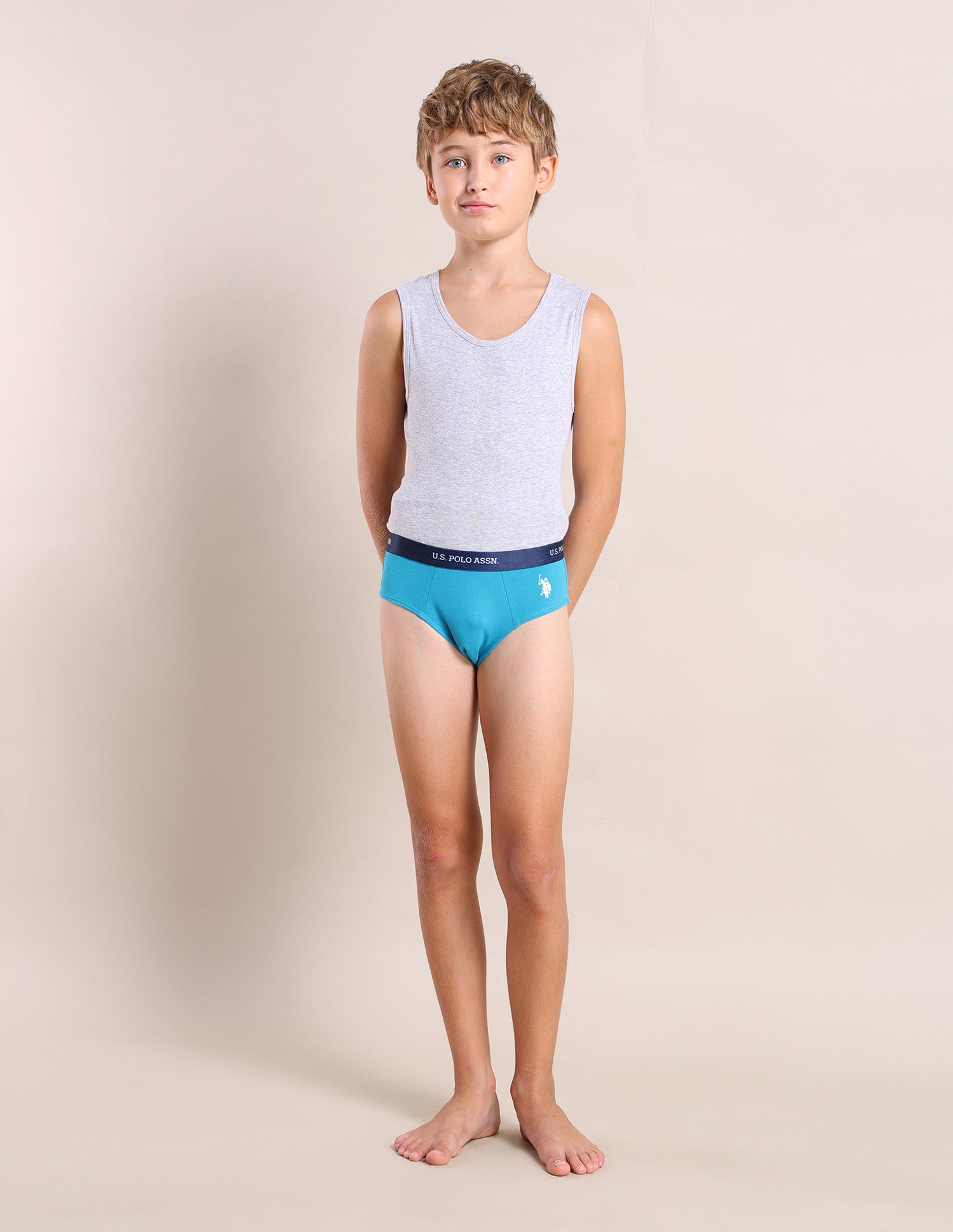 Boys Mid Rise Cotton Spandex Briefs - Pack Of 3 Green, Grey and Blue - U.S. POLO ASSN. | Large