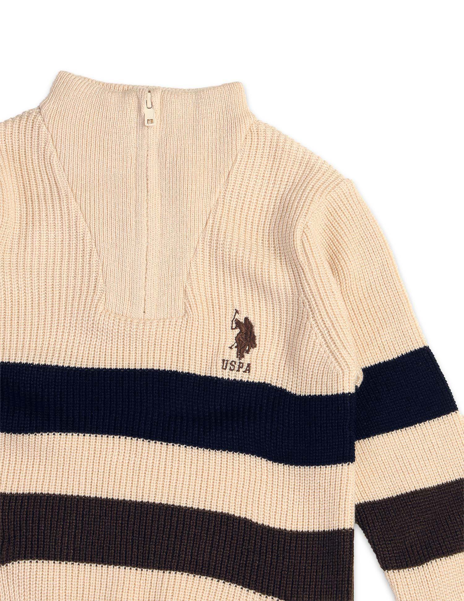 Boys Horizontal Striped Regular Fit Sweater Off White - U.S. Polo Assn. India | Large