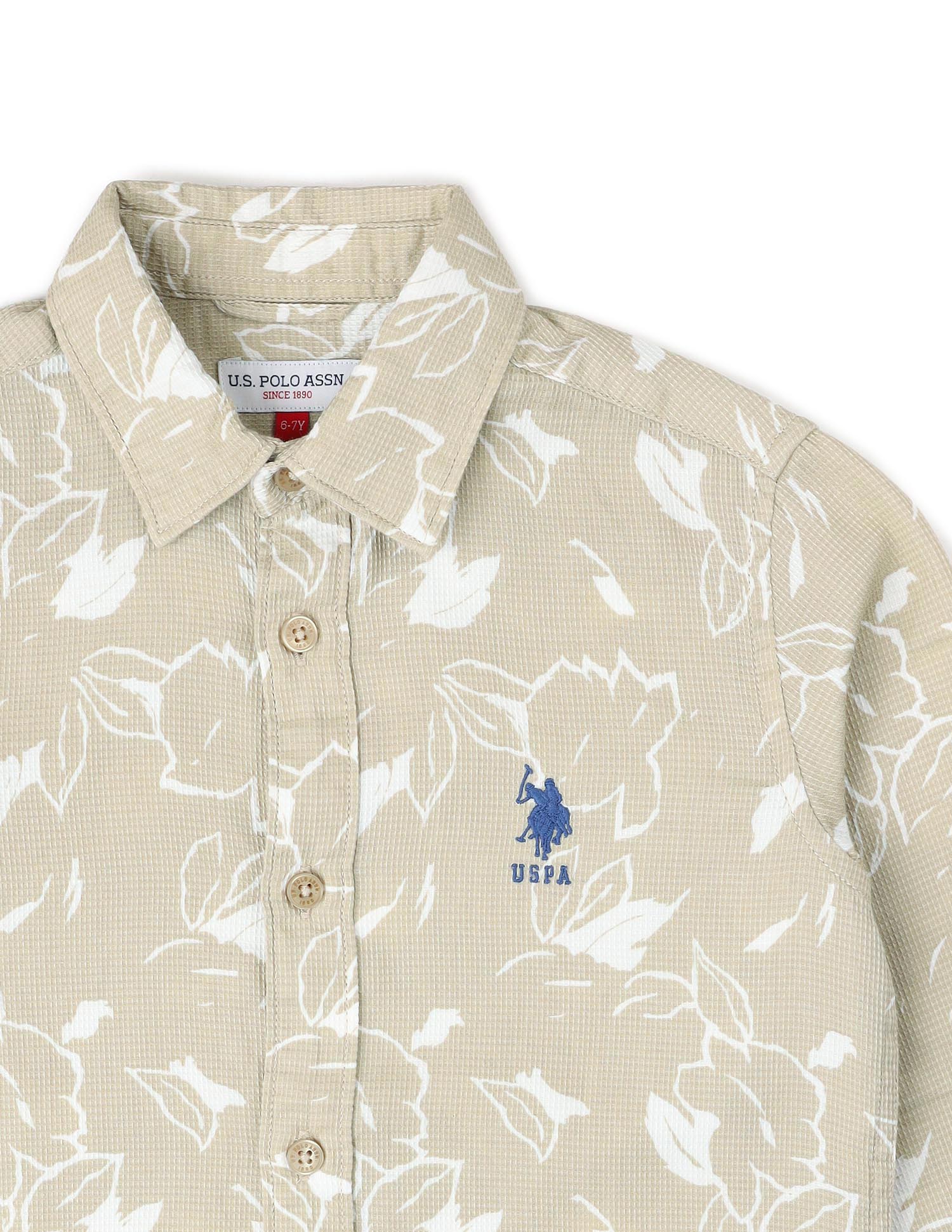 Boys Floral Printed Dobby Shirt Beige - U.S. POLO ASSN. | Large