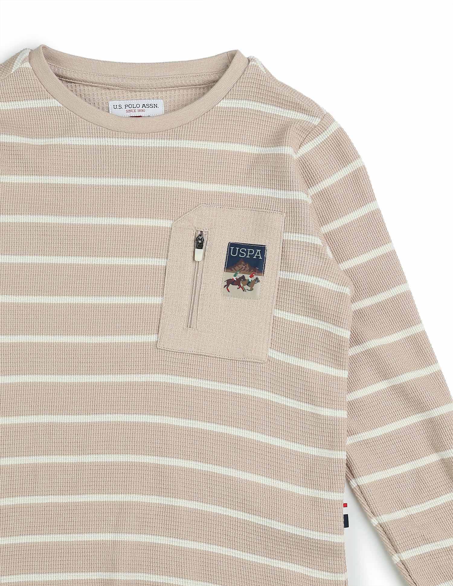 Boys Horizontal Striped Regular Fit T-Shirt Beige - U.S. POLO ASSN. | Large