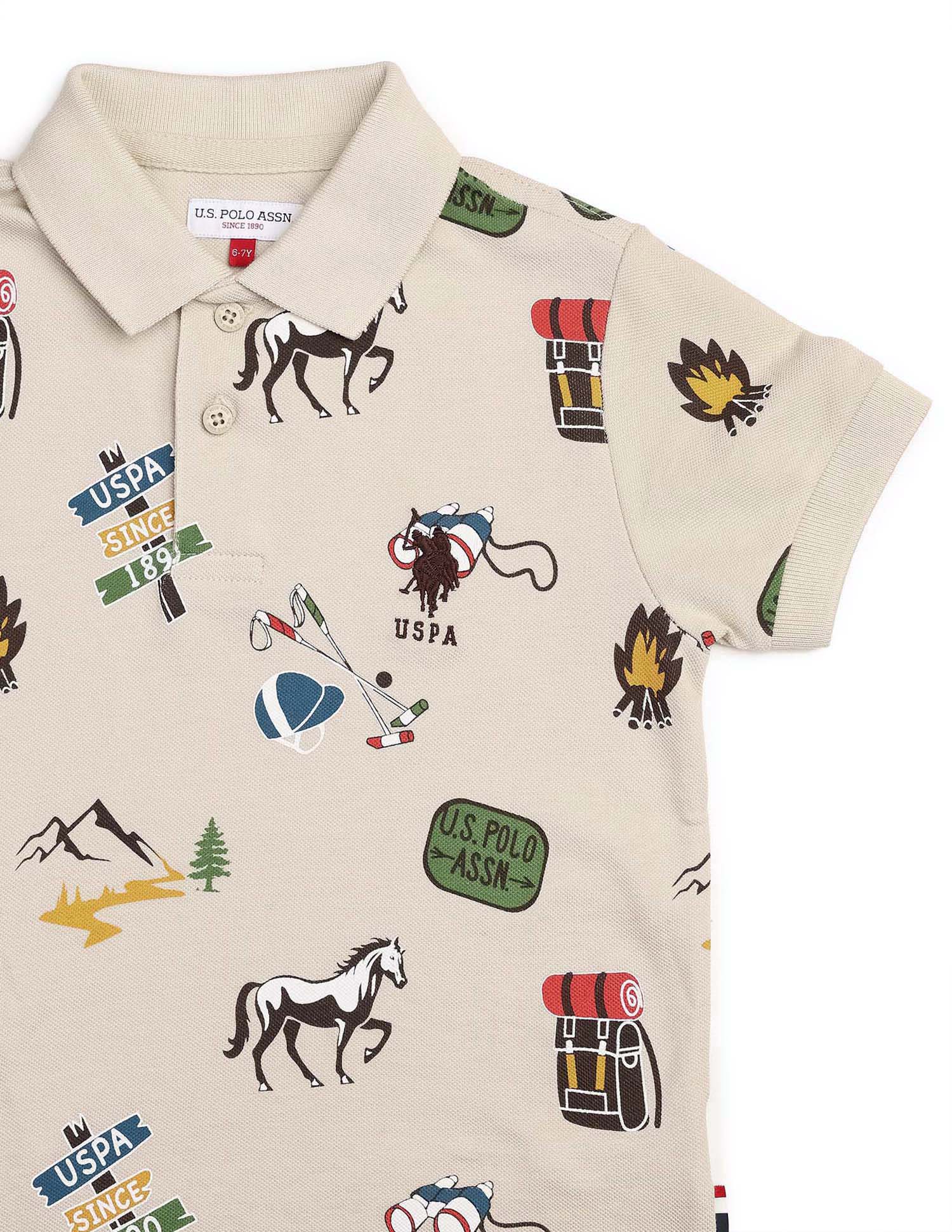 Boys All Over Printed Pure Cotton Polo Shirt Light Brown - U.S. POLO ASSN. | Large