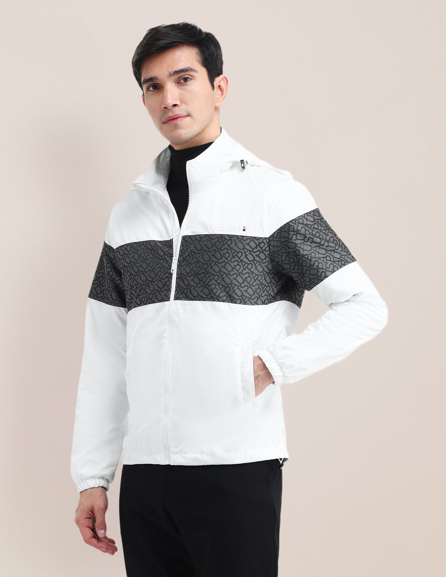 Brand Printed Hooded Jacket White - U.S. Polo Assn. India | Large