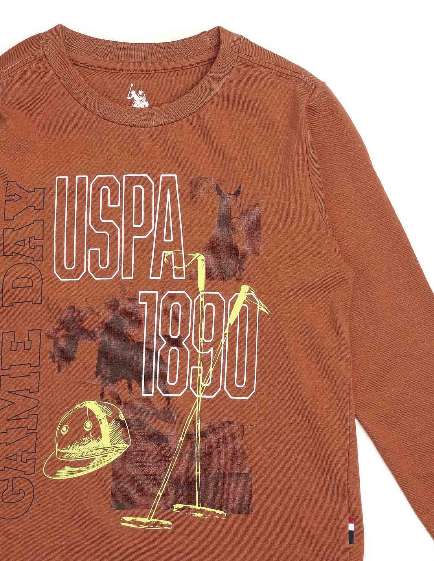 Boys Graphic Brand Printed Regular Fit T Shirt Dark Brown - U.S. POLO ASSN. | Large