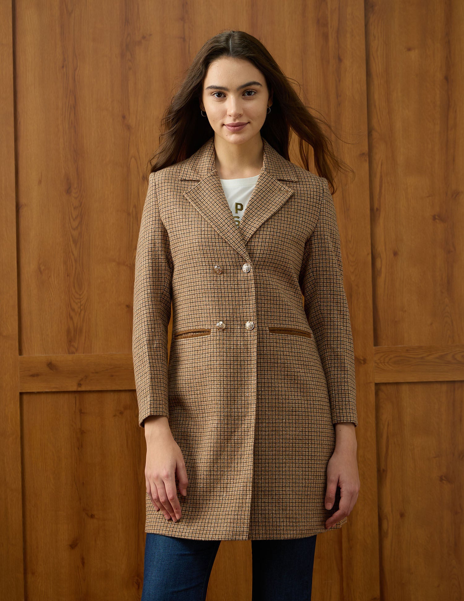 Glen Plaid Checked Double Breasted Regular Fit Coat Brown - U.S. POLO ASSN. | Large