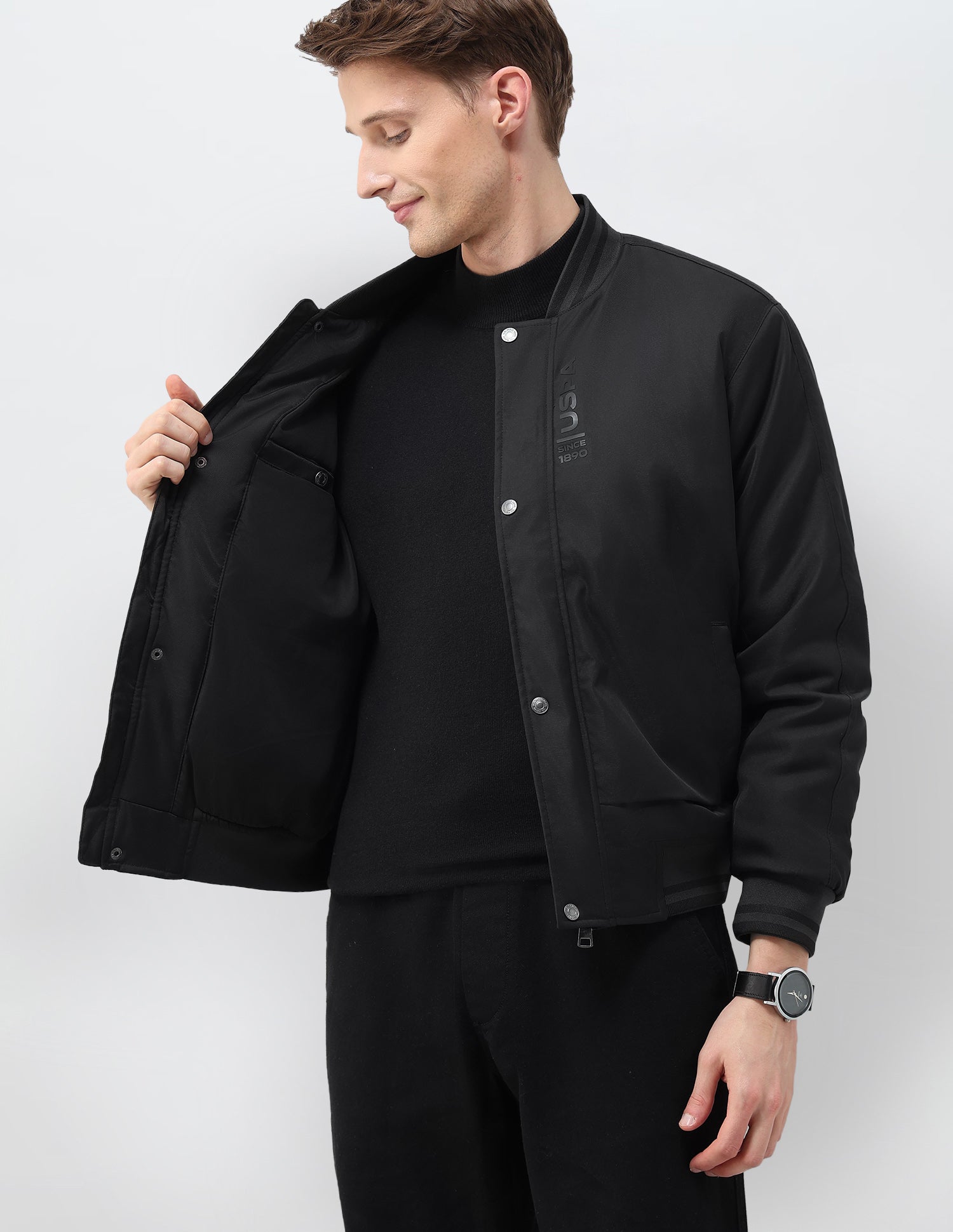 Solid Regular Fit Bomber Jacket Black - U.S. Polo Assn. India | Large