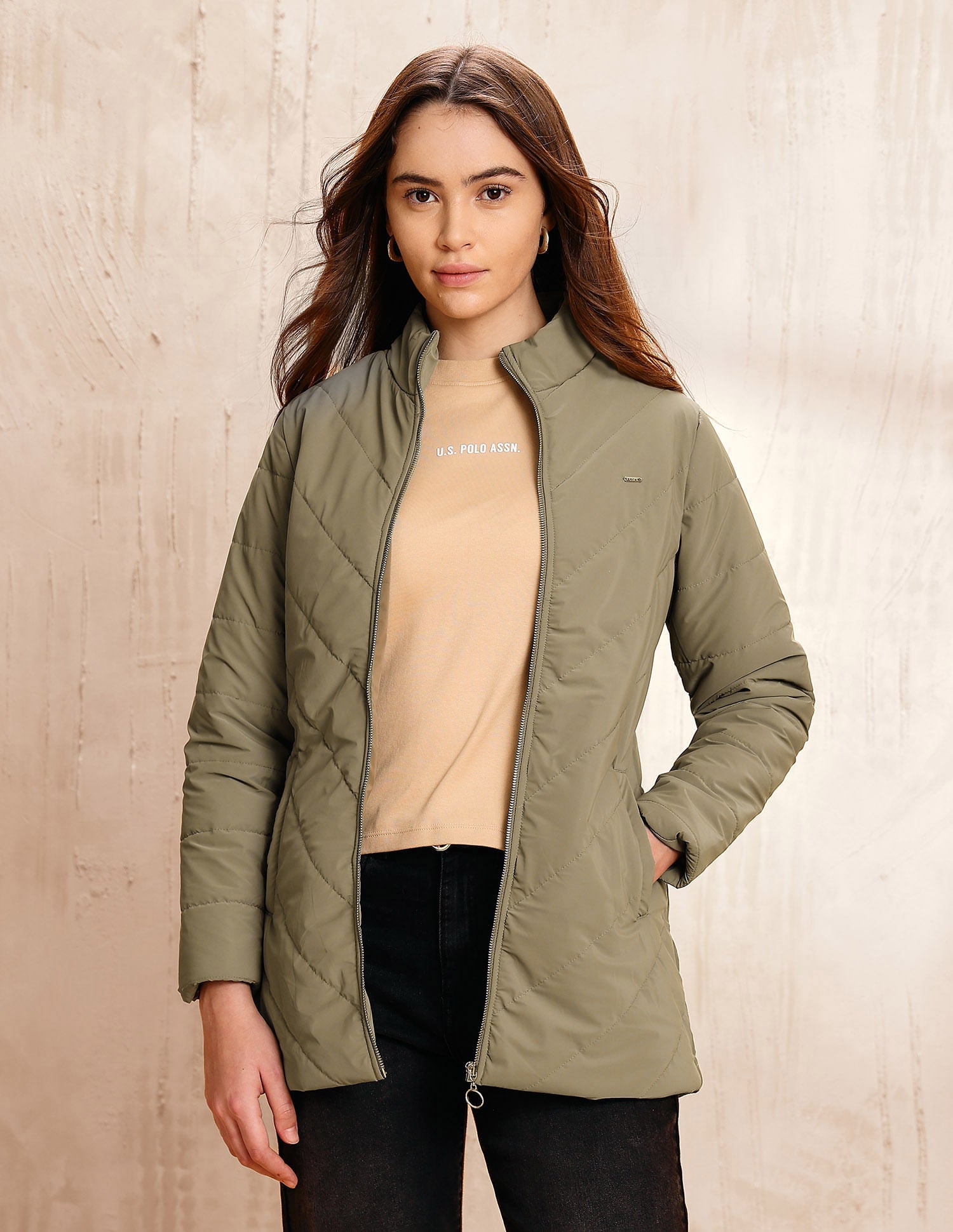 Solid Regular Fit Puffer Jacket Beige - U.S. POLO ASSN. | Large