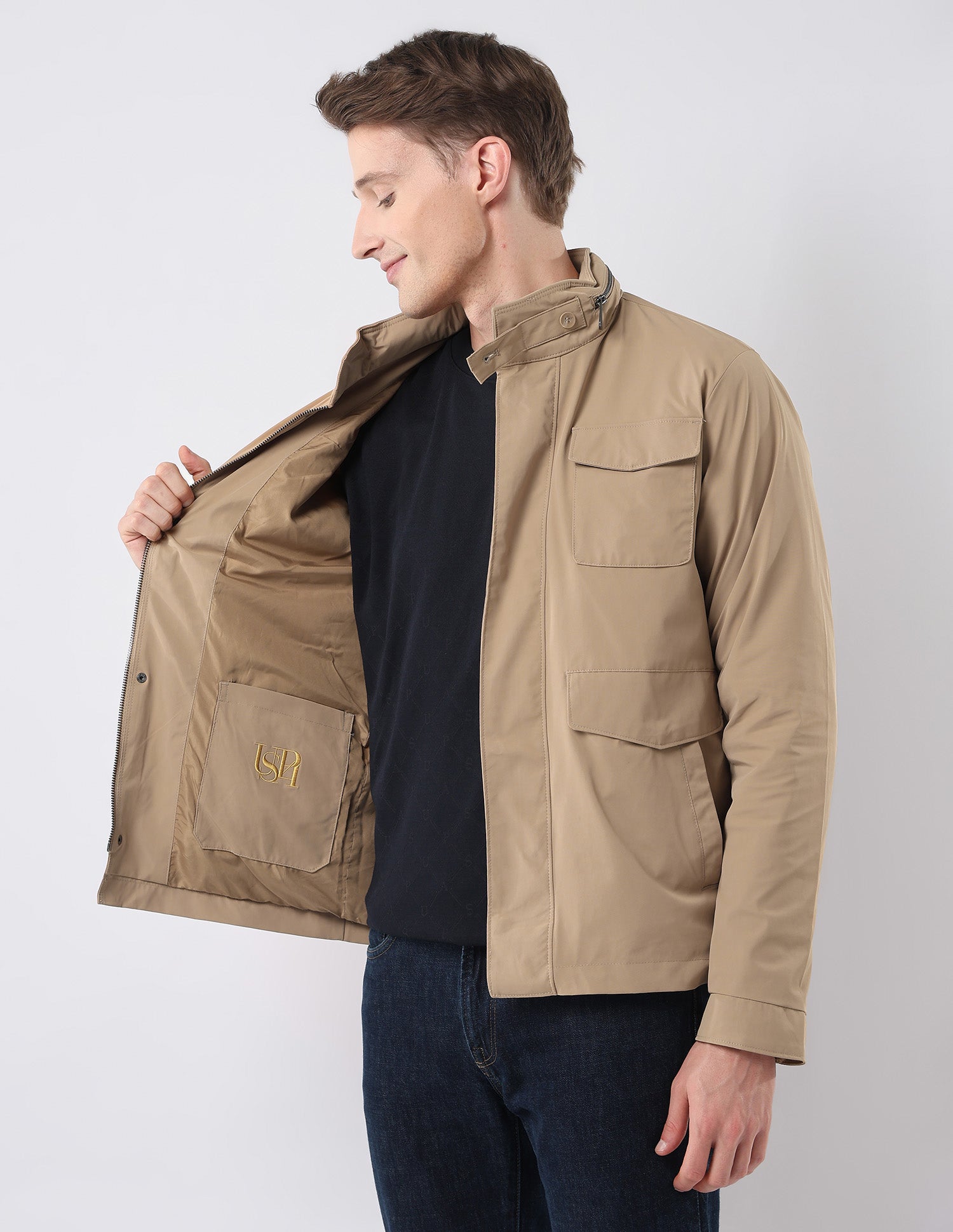 Solid Regular Fit Detachable Hood Jacket Camel - U.S. Polo Assn. India | Large
