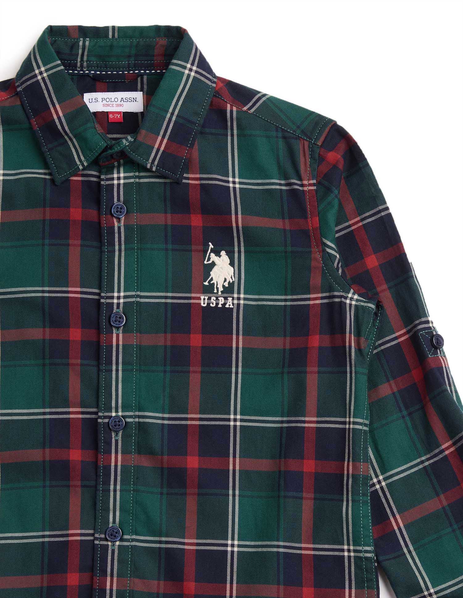 Boys Plaid Checked Twill Shirt Green - U.S. POLO ASSN. | Large