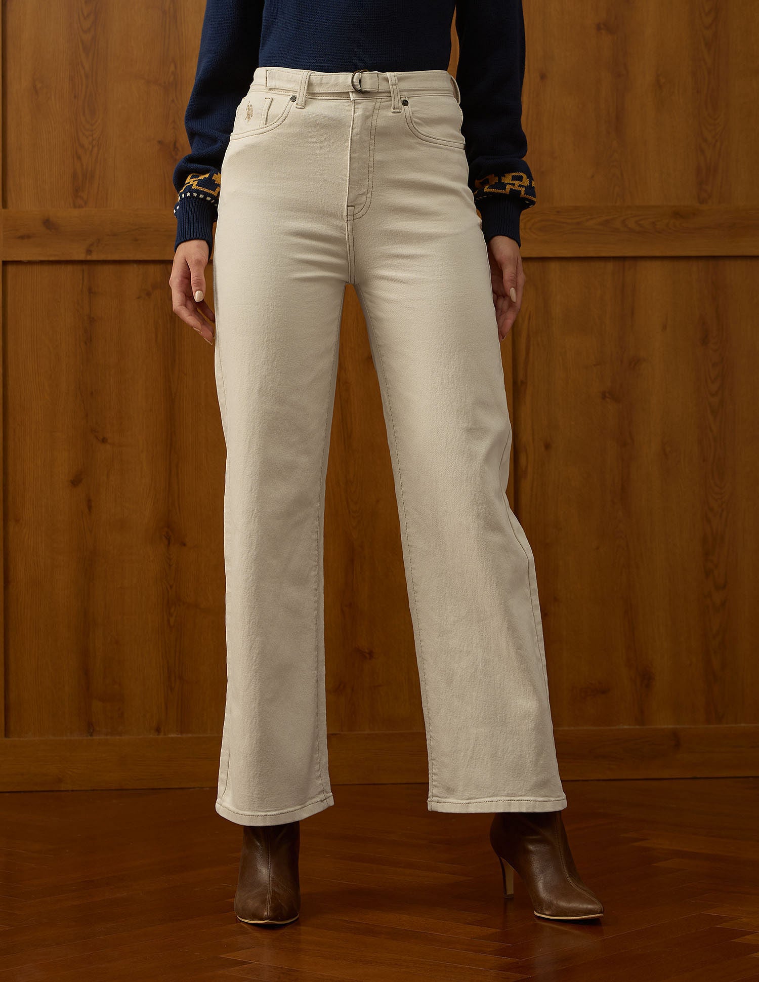 High Rise Wide Leg Jeans Ecru - U.S. POLO ASSN. | Large