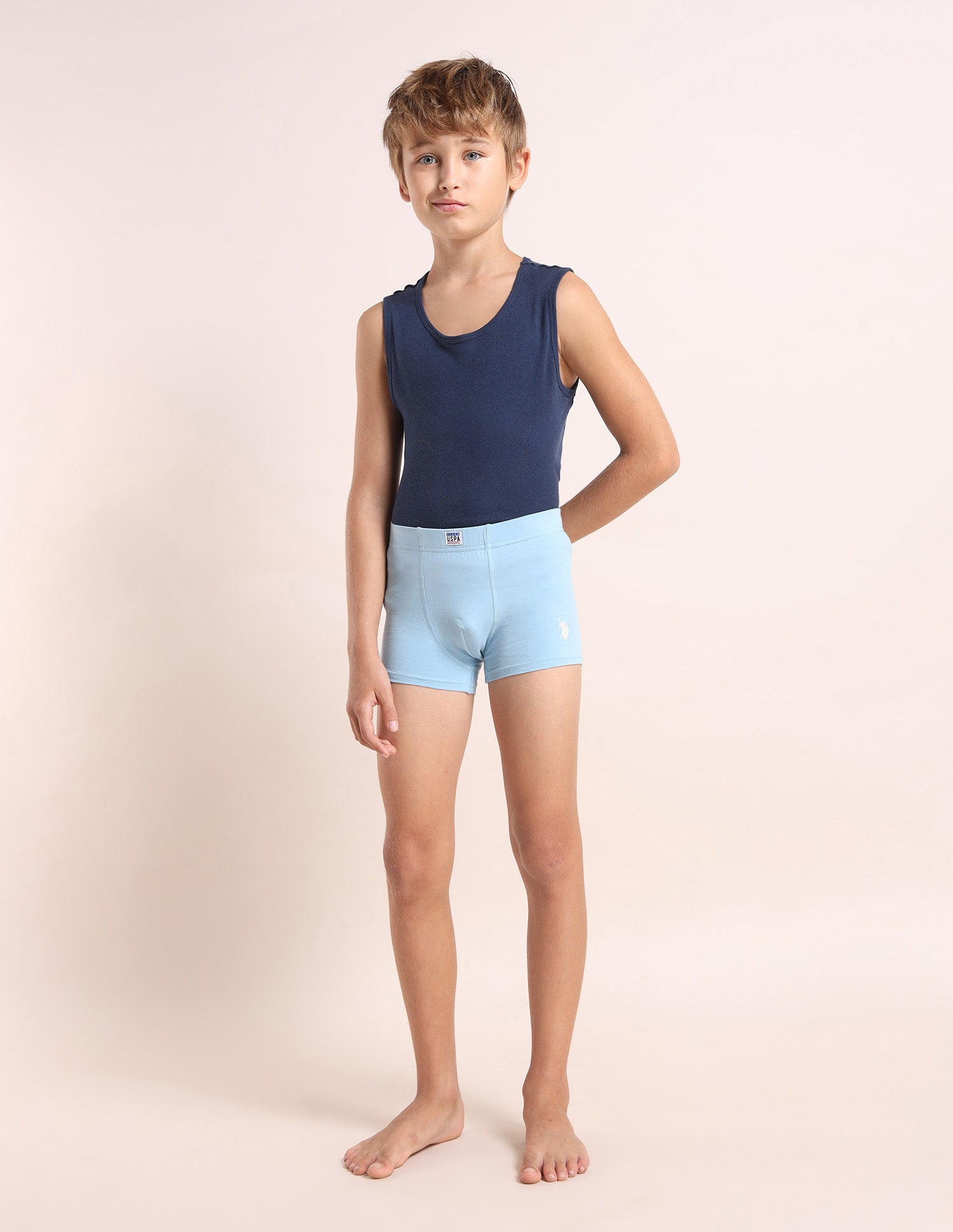 Boys Cotton Spandex Solid Trunks - Pack Of 3 Orange, Blue and White - U.S. POLO ASSN. | Large