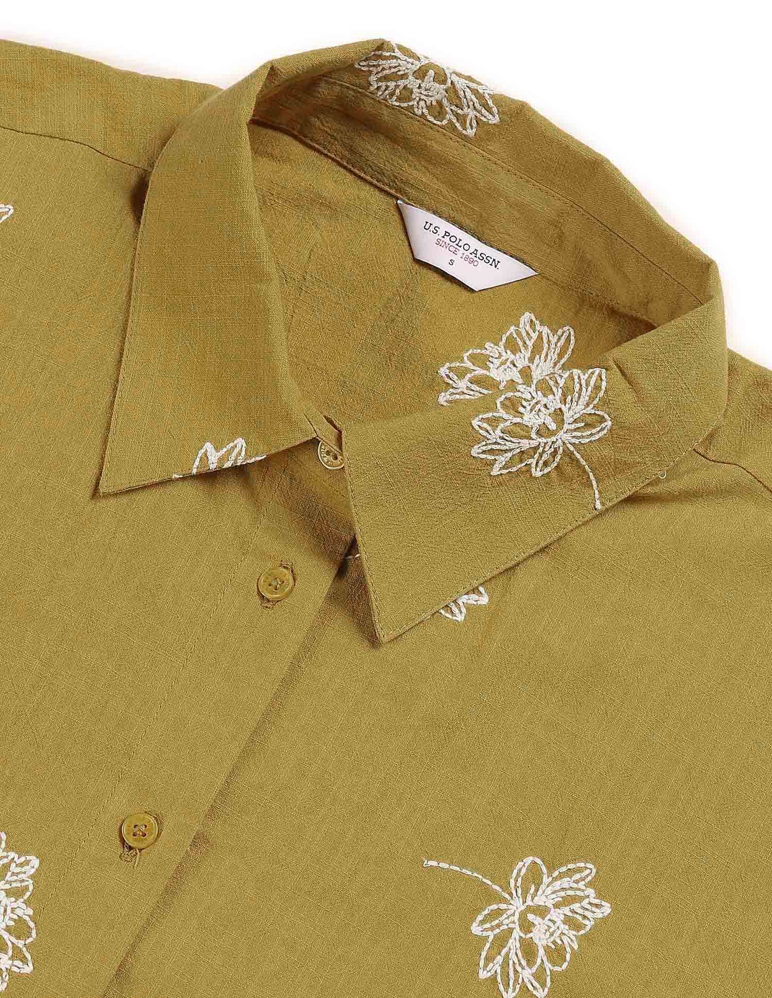 Floral Embroidered Dobby Shirt Mustard - U.S. Polo Assn. India | Large