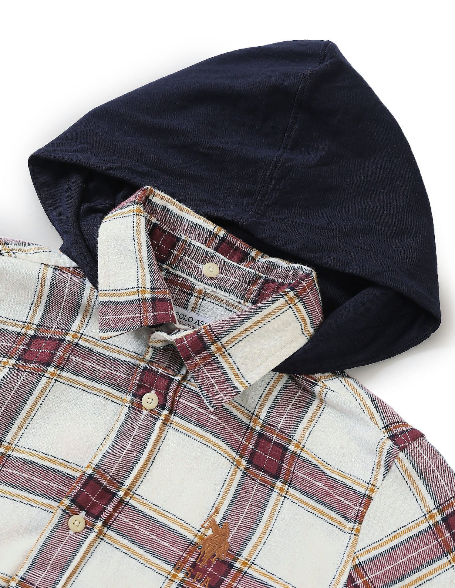Twill Plaid Checked Hooded Shirt Off White - U.S. Polo Assn. India | Large