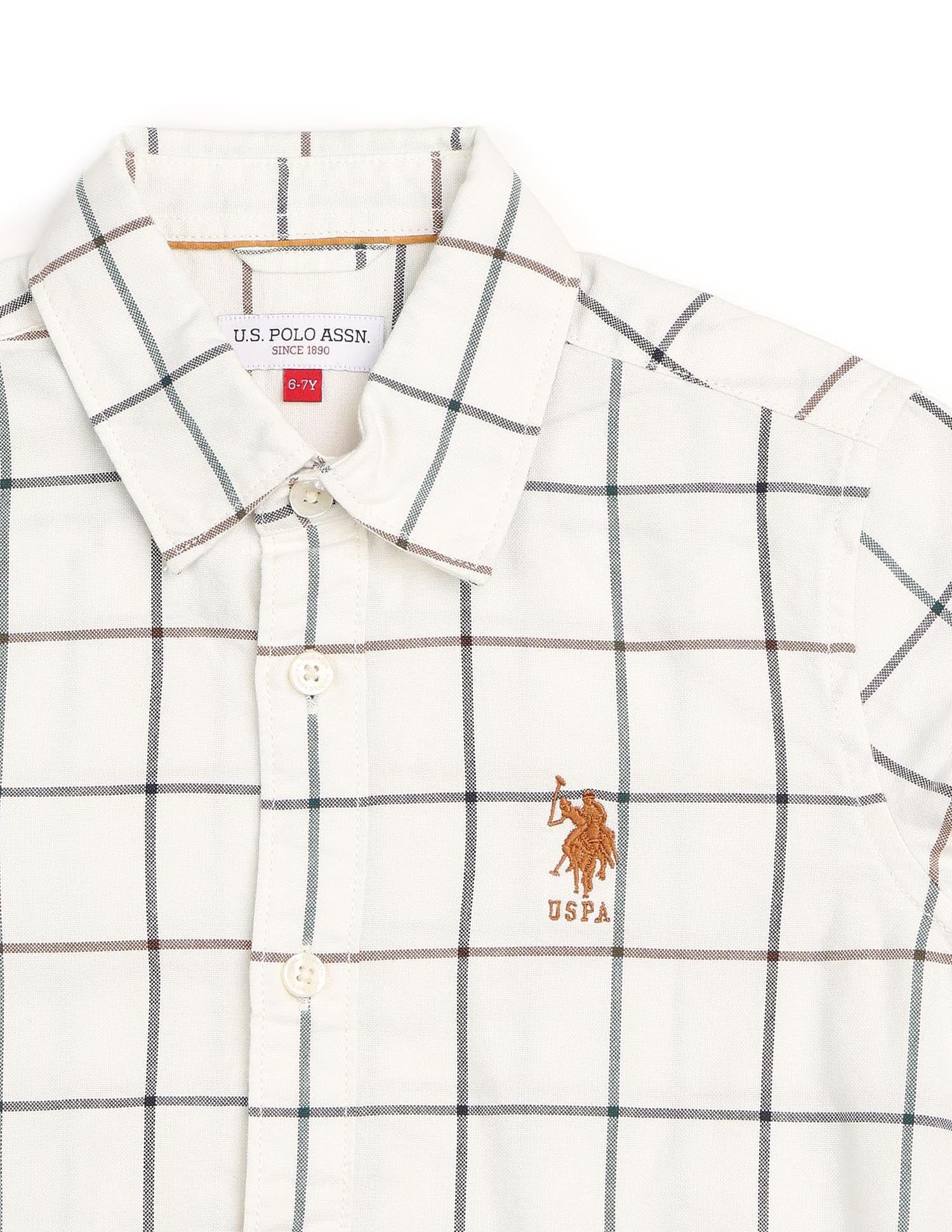 Boys Windowpane Checked Oxford Shirt Beige - U.S. POLO ASSN. | Large