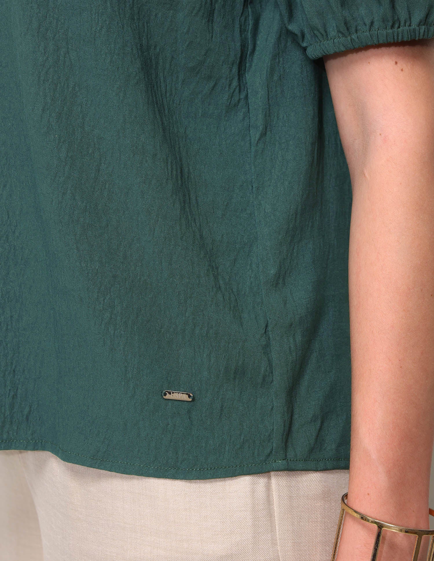 Solid Ruffle Neck Puff Sleeve Top Dark Green - U.S. Polo Assn. India | Large