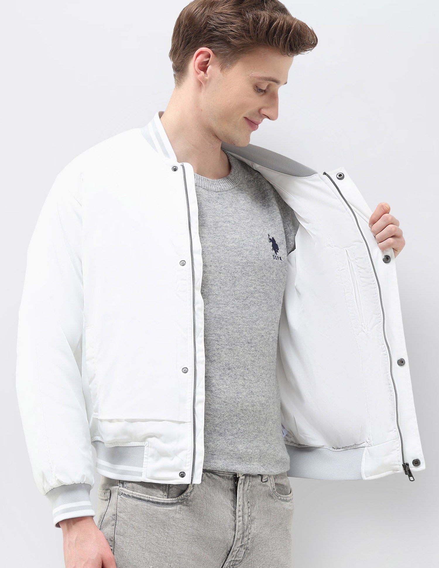 Solid Regular Fit Bomber Jacket Off White - U.S. Polo Assn. India | Large