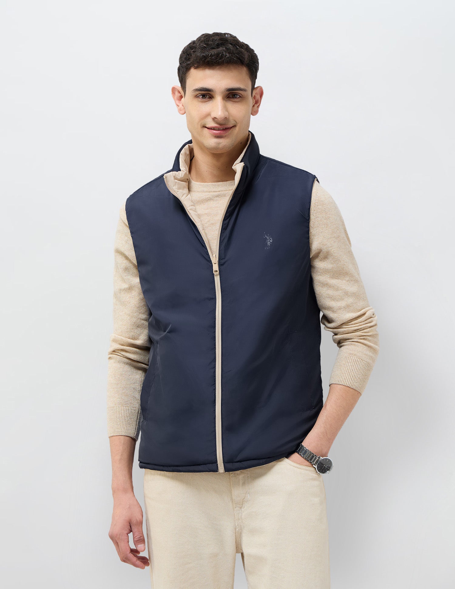 Solid Regular Fit Reversible Jacket Beige - U.S. POLO ASSN. | Large