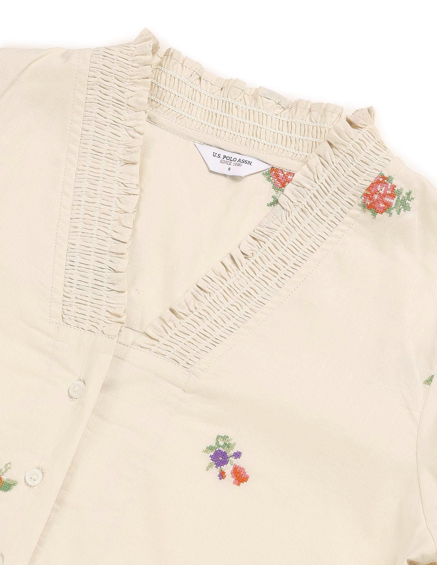 Floral Embroidered Ruffle Top Ecru - U.S. Polo Assn. India | Large