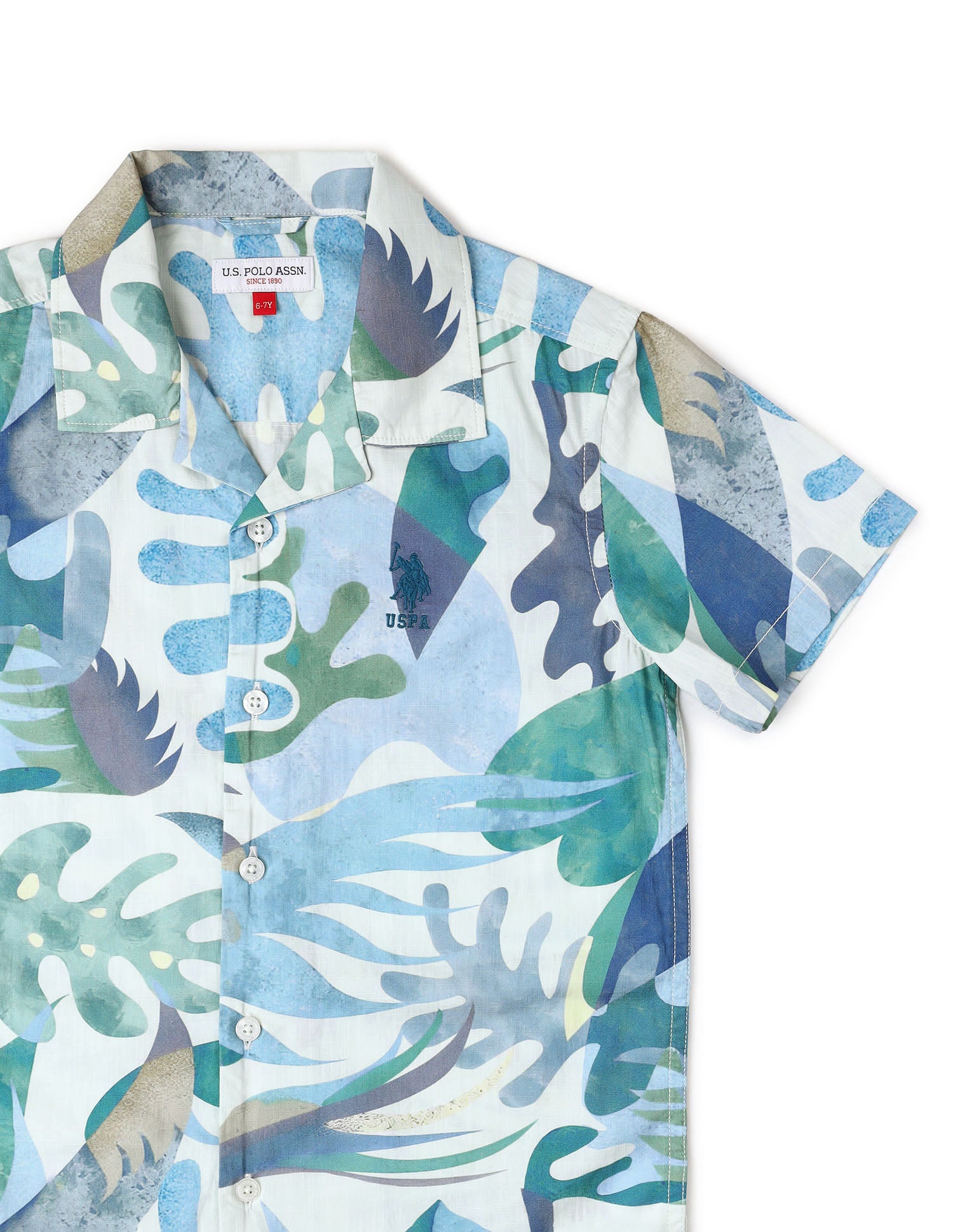 Boys Tropical Printed Pure Cotton Shirt Blue - U.S. POLO ASSN. | Large