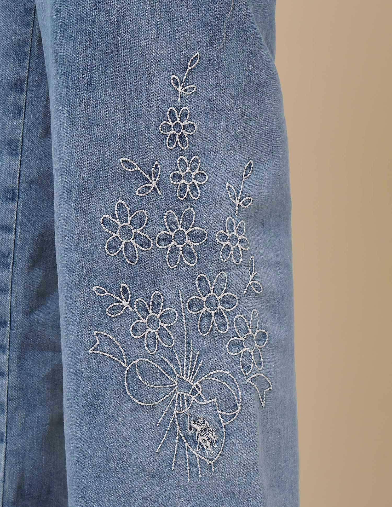 Girls Stone Washed Wide Leg Fit Jeans Blue - U.S. POLO ASSN. | Large