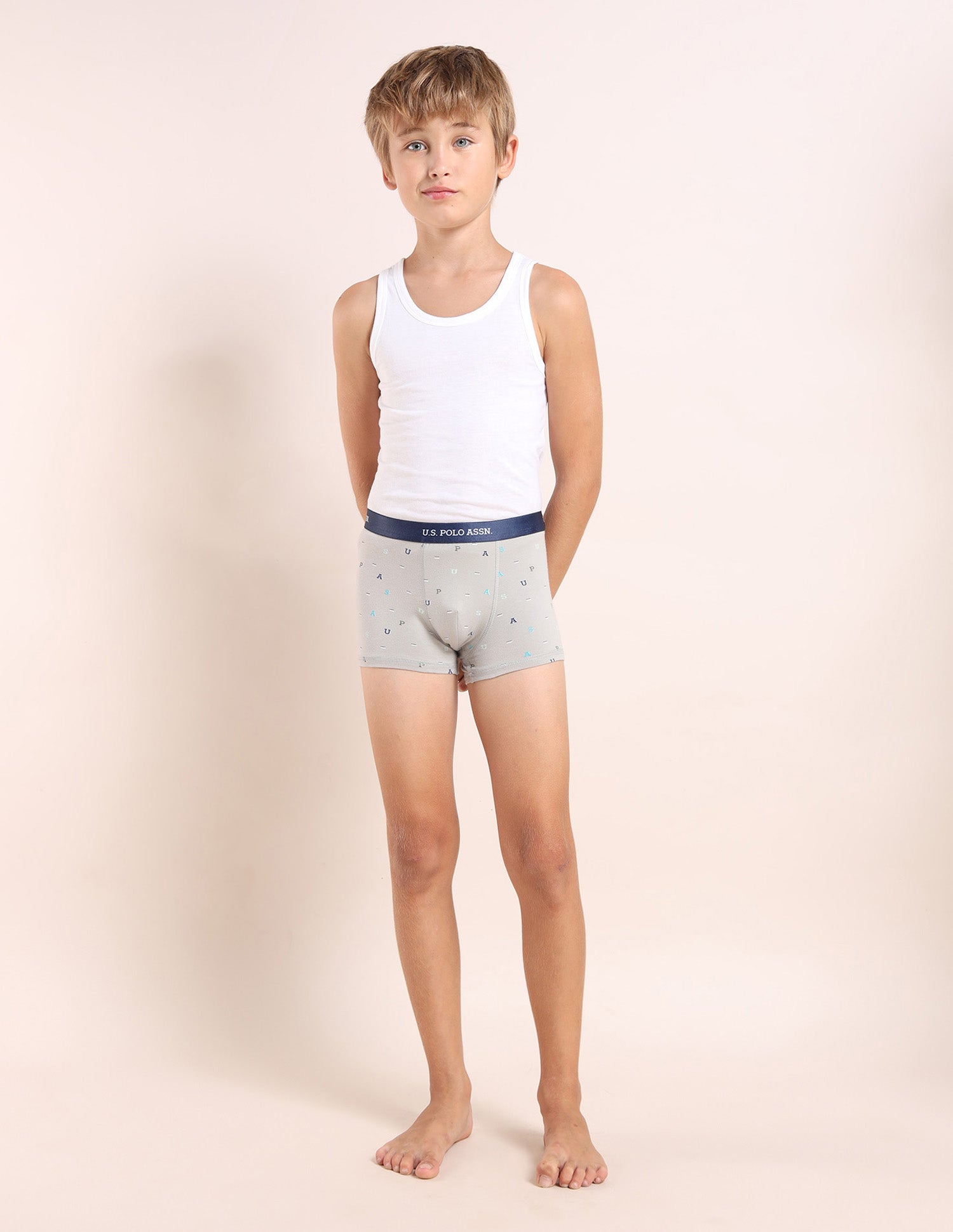 Boys Mid Rise Cotton Spandex Trunks - Pack Of 3 Green, Grey and Blue - U.S. POLO ASSN. | Large